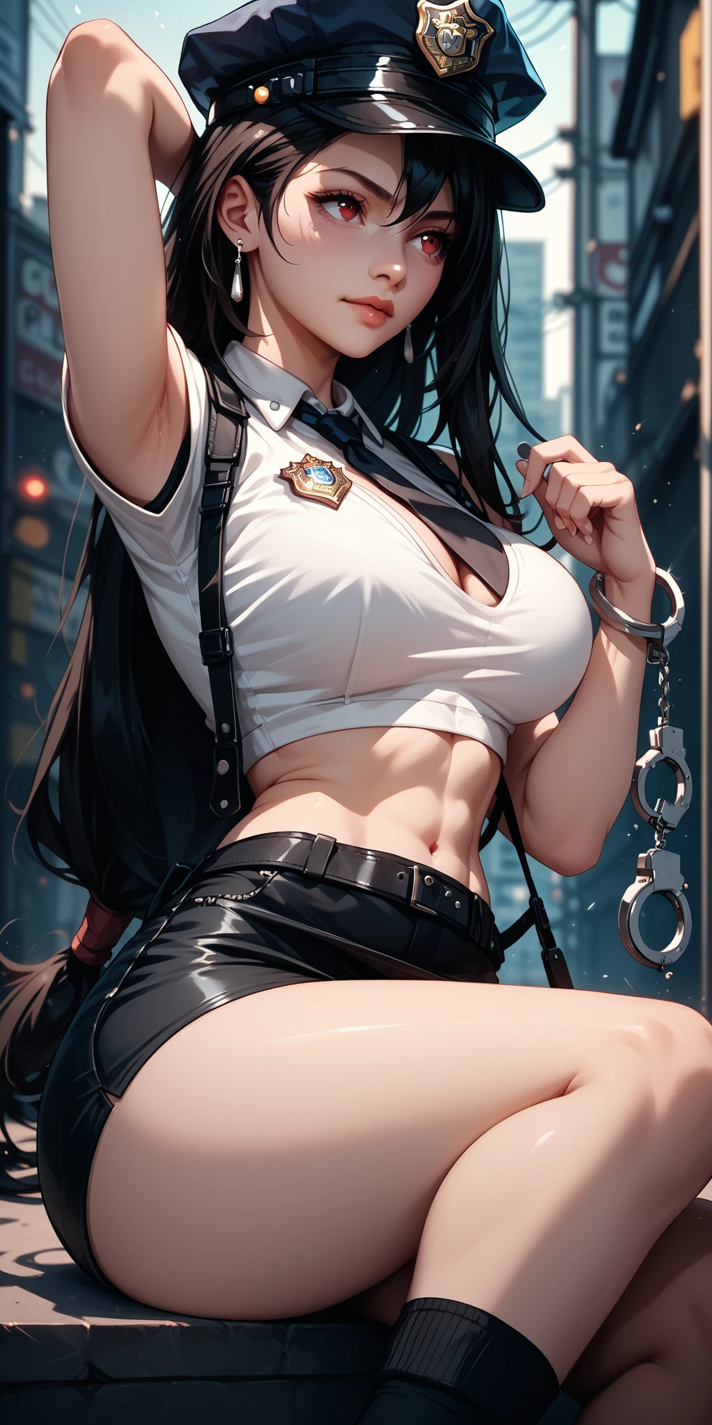 Anime Style、Final Fantasy VII, Tifa , Ankle boots, Black Hair, White tank top、side tie panties, Large Breasts, Cleavage、Natural smile、underboob, Outdoors、 cowboy shot, Model Pose, from below, Highest quality, masterpiece, High resolution,