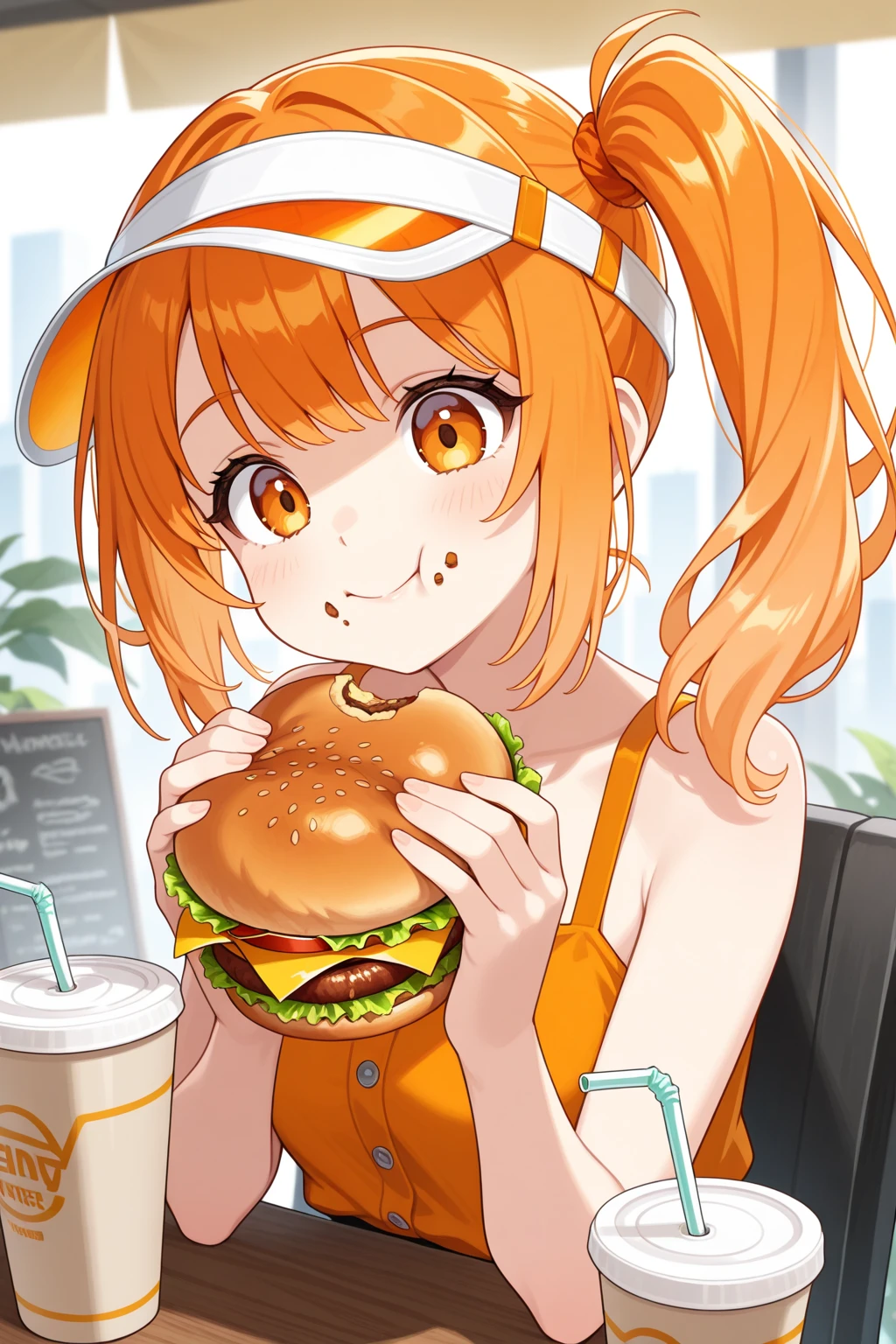 Anime style painting、1 girl、Orange Hair、ponytail、Round red eyes、short hair、camisole、Loincloth、Eating French Fries