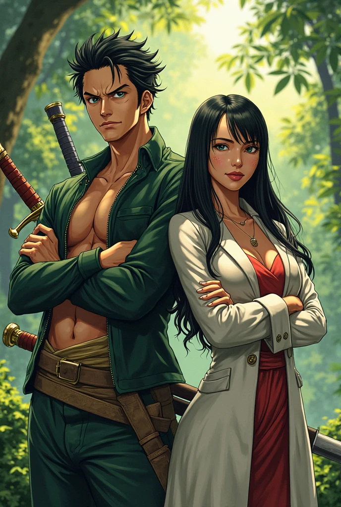 Red dress - beautiful girl with long hair and a small crown and handsome anime boy, Purple Eyes,Black short hair,Wolf ears,officer,Briefs,Special Forces,Chest muscles,action,watch,Survival in the wilderness