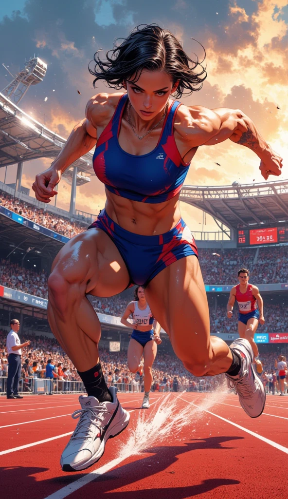 high quality, 8k, hyperrealistic, extremely detailed, masterpiece, dynamic motion blur, two marathon runners, intense competition, fast paced action, muscular bodies, sweat glistening, determination on faces, dust kicking up, blurred background, warm lighting, vibrant colors