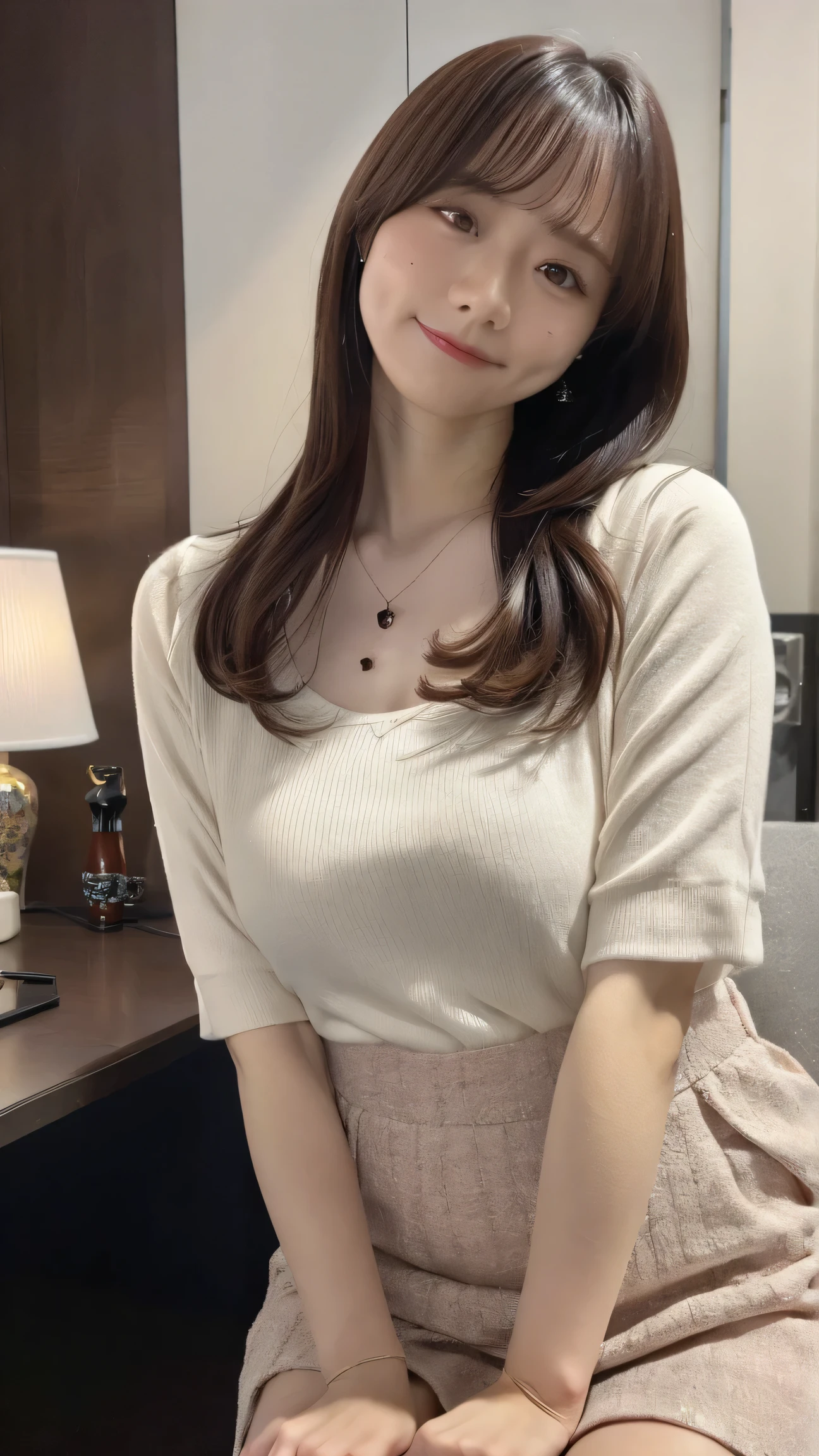 Best image quality、Raw photo、超A high resolution、21 year old Korean、、Dynamic Angle、Cowboy Shot、Chaos in its most beautiful form、elegant、Brutalist Design、Beautiful white hair、Vibrant colors、Short Bob、smile、fun、smile、Glowing White Skin、Beautiful eyes with random colors、Very thin lips、Beautiful eyes in every detail、Long, narrow eyes、Pale pink blush、Long eyelashes、Beautiful double eyelids、eye shadow、Bright white hair、sofa、large summer sweater、Short sleeves、sit、、Full body shot、Full body shotする