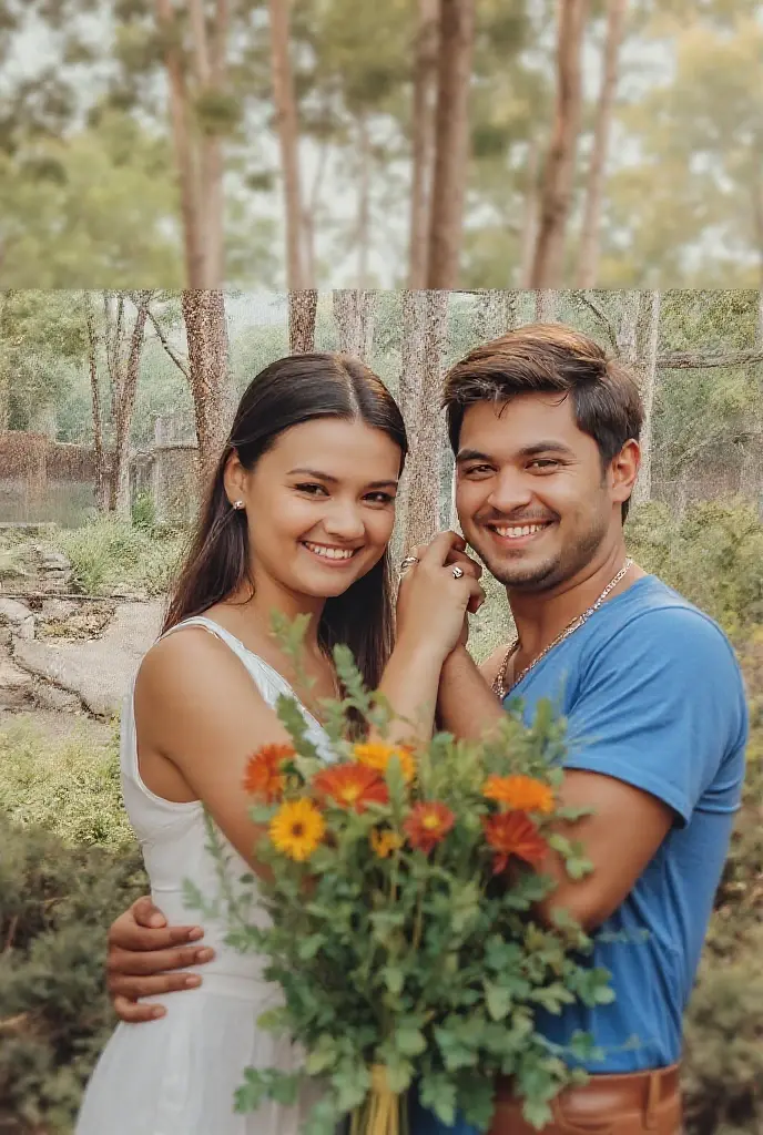 Create an image of a happy couple in their early 20s, standing together in a lush green park. The man has his arm around the woman's waist, and she leans into him with a radiant smile. They both wear casual yet stylish outfits that reflect their personalities. The background features tall trees and a soft golden sunlight filtering through the leaves. Their expressions exude genuine happiness and love, capturing a moment of joy and connection between the two."The women  Is Indian  also she is cute and beautiful. 