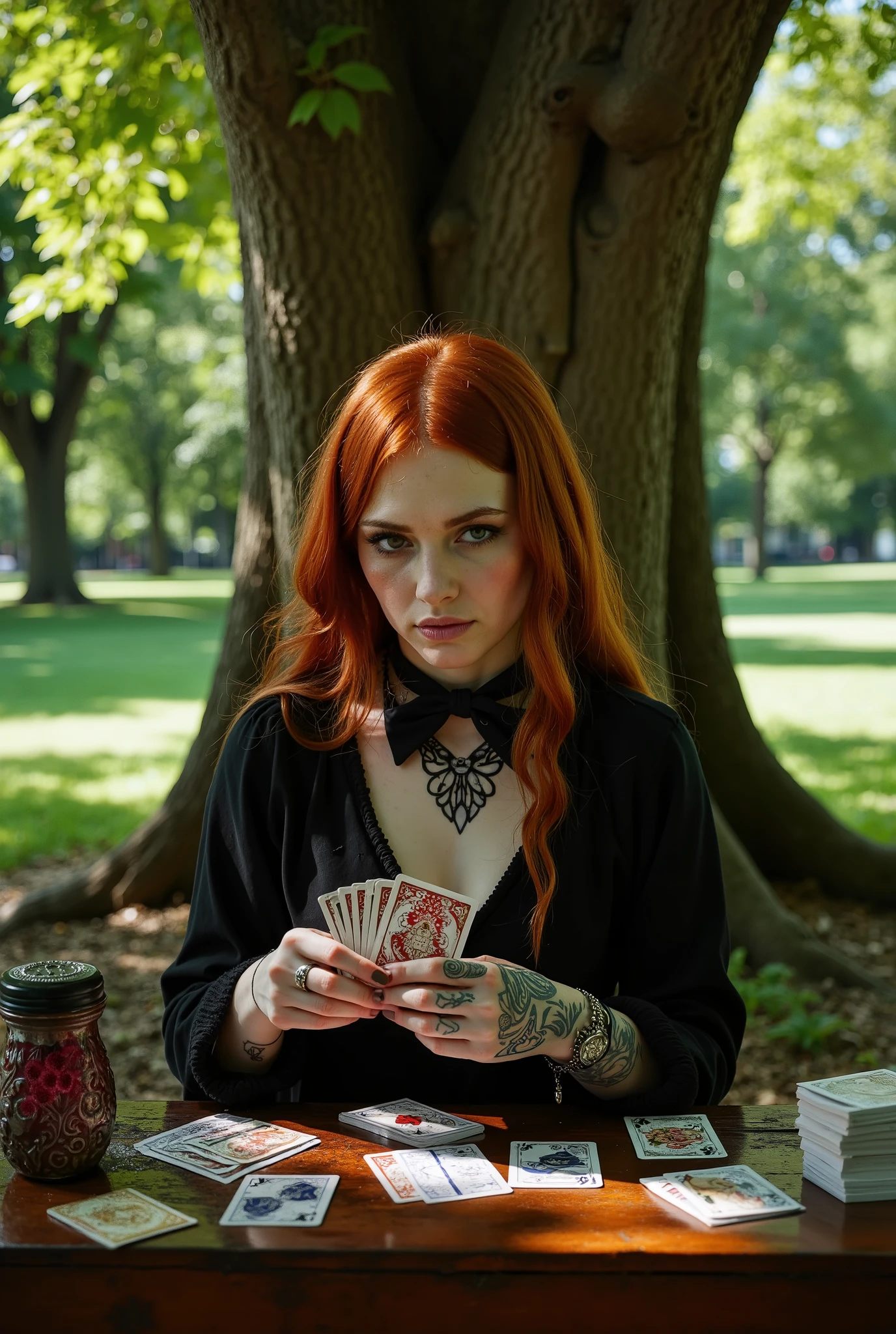 Young altushka girl, redhead, sits in the park under a tree and shuffles cards for a new batch, Tattooed hands style, Na face bright makeup, looks maliciously mysterious