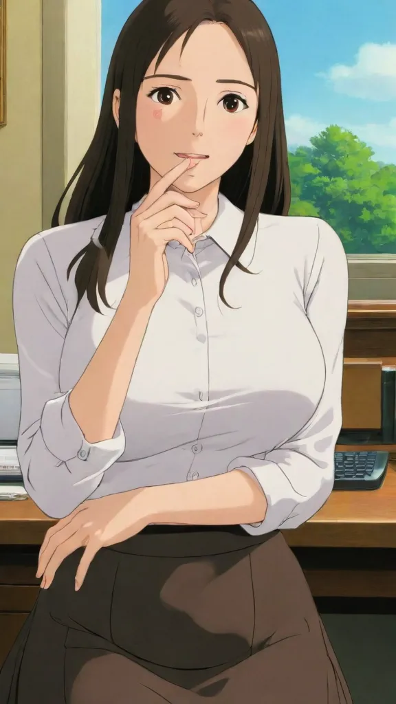 masterpiece, best quality, 1girl, <lora:matsukazemayu-nvwls-v1-000009:0.9> matsukaze mayu, purple eyes, blouse, long sleeves, green skirt, long skirt, looking at viewer, large breasts, :D, sitting, desk, chair, hospital, doctor's office
