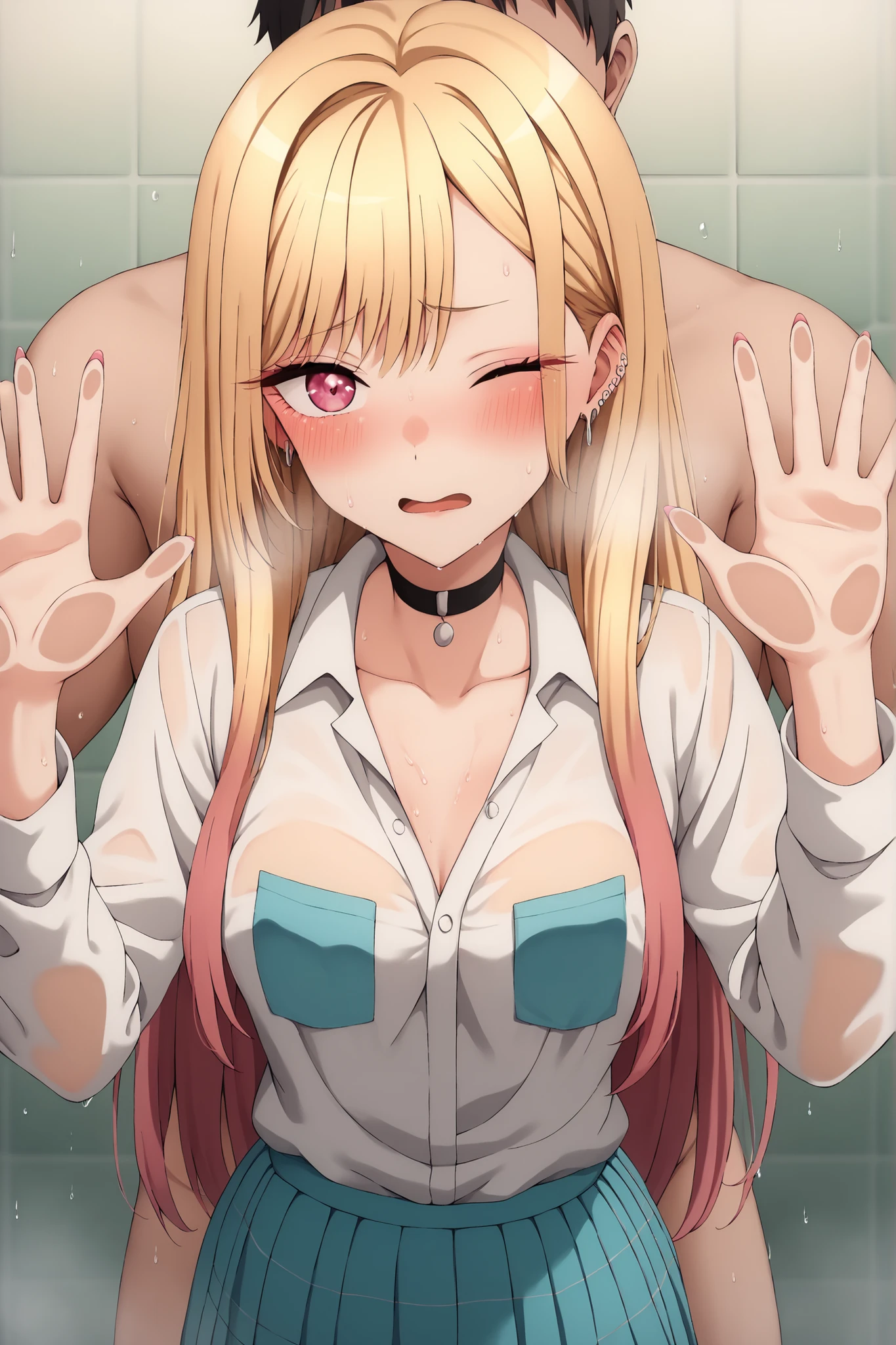 tearjulunatique, tearju lunatique, long hair, blonde hair, (green eyes:1.5), sidelocks, glasses, (beautiful detailed eyes:1.6), extremely detailed face, perfect lighting, extremely detailed CG, (perfect hands, perfect anatomy), (Old man grabs her breasts:1.5), Very embarrassed, Troubled laughter, 3 old man, (masterpiece:1.2, blush, My chest is grabbed from behind, Surrounded by old people, Completely naked, hot spring, Kiss with old man, (cowboy shot:1.5), (illustration:0.8), arms up