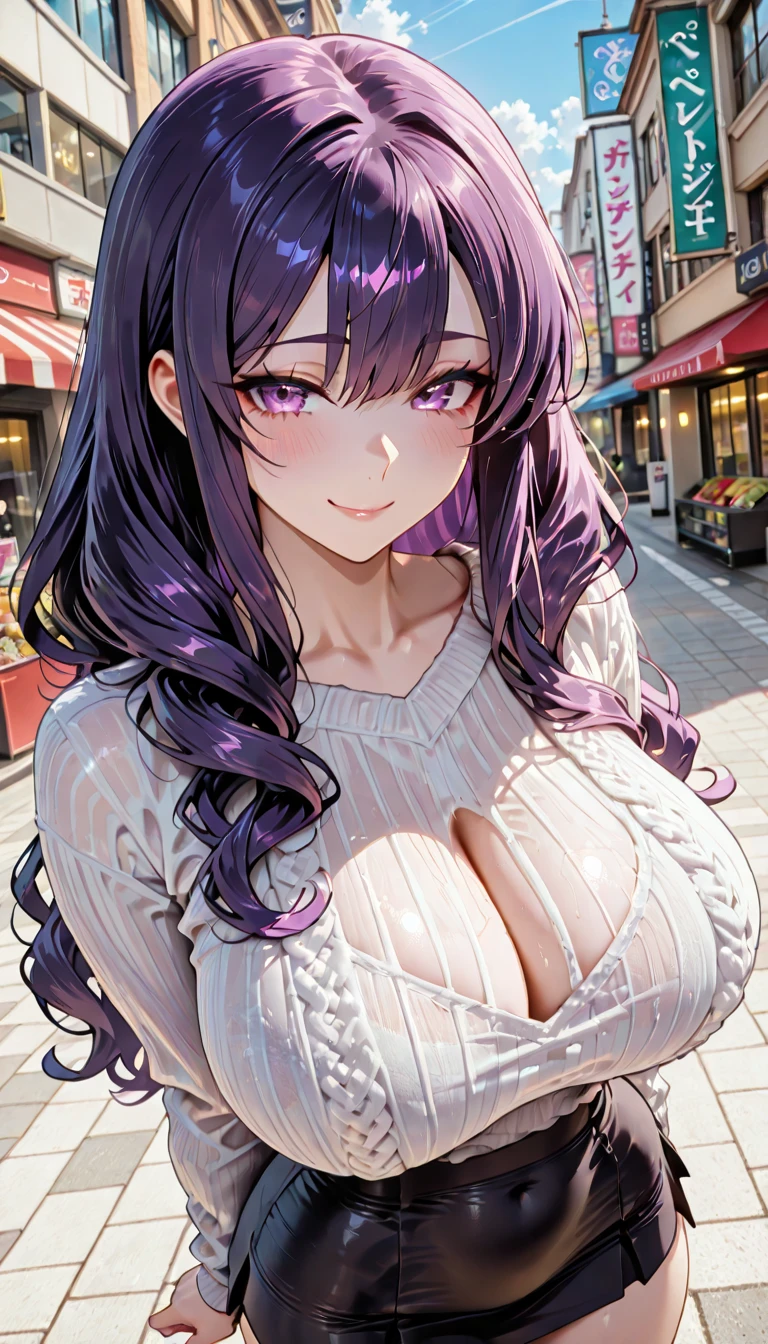最高masterpiece、Wolf Girl, Large Breasts, Voluminous light purple hair, masterpiece , Red eyes, hd, Thick thighs, Head to Chest, buried in my chest、Double teeth、tooth、Chubby、Grinning、camisole、Big Tits、Denim Jacket、white iris、