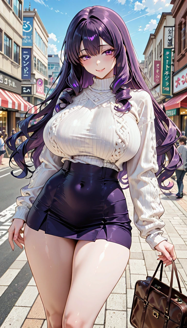 ((exceptional quality)), ((masterpiece)), (detailed), perfect face, perfect eyes, expressive eyes, long white wavy hair, white cat ears, gigantic breasts, thick thighs, bright and vibrant red eyes, lips parted slightly, off the shoulder crop top with heart design on fabric, pink skirt, designer shopping bag in hand, in a shopping mall