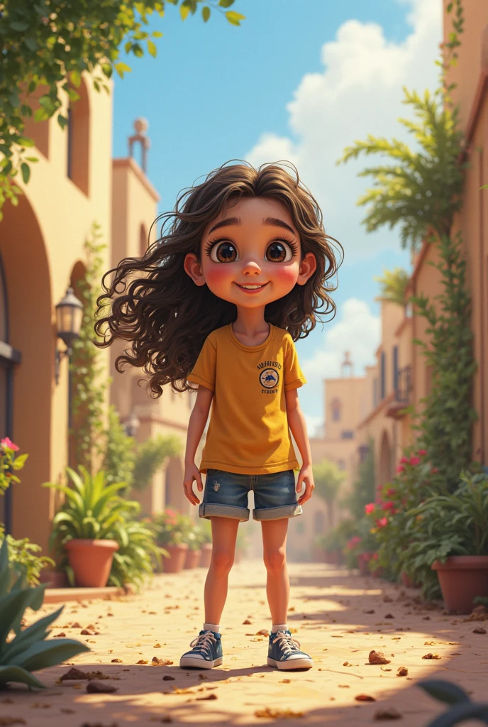 Generate an awe-inspiring hyper-realistic image showcasing a mesmerizing 10-year-old Puerto Rican girl with authentic features, gracefully positioned in front of a dynamic and vibrant street.
