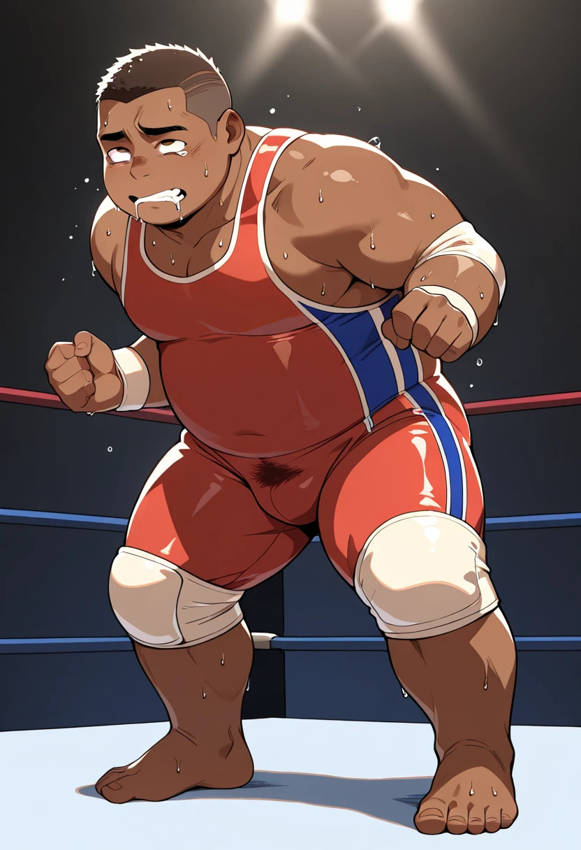 Wrestling wrestler wearing a wrestling singlet sitting spread-legged with large bulge on the bench in a wrestling stadium.
