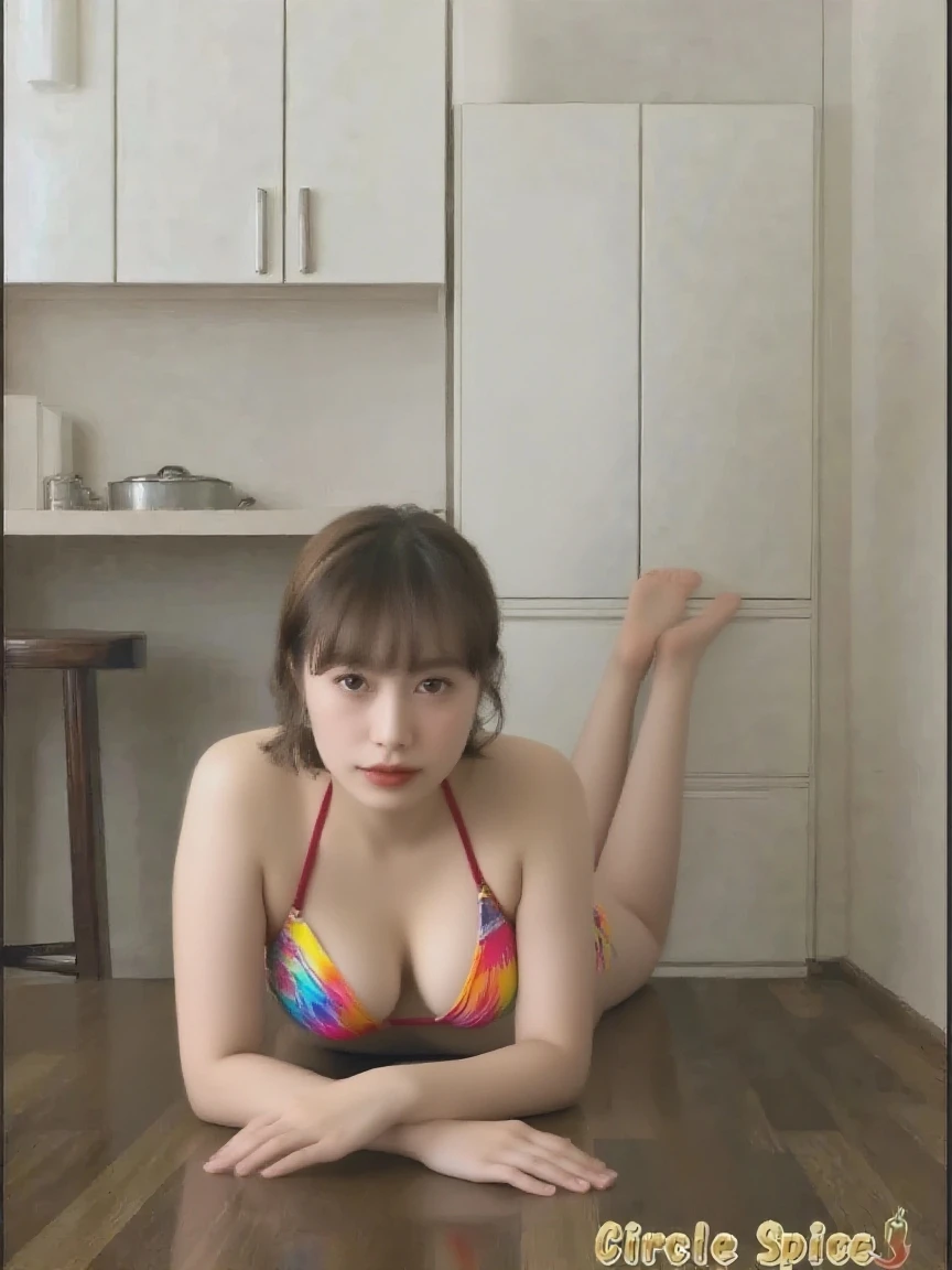 a korean woman wearing red bikini look, whose height is 10000000 kilometers, at the nano-sized miniature endless city of micro-sized endless continent world, she kneel down on top of a lot of nano-sized buildings which are much smaller than her, she feel happy and enjoy