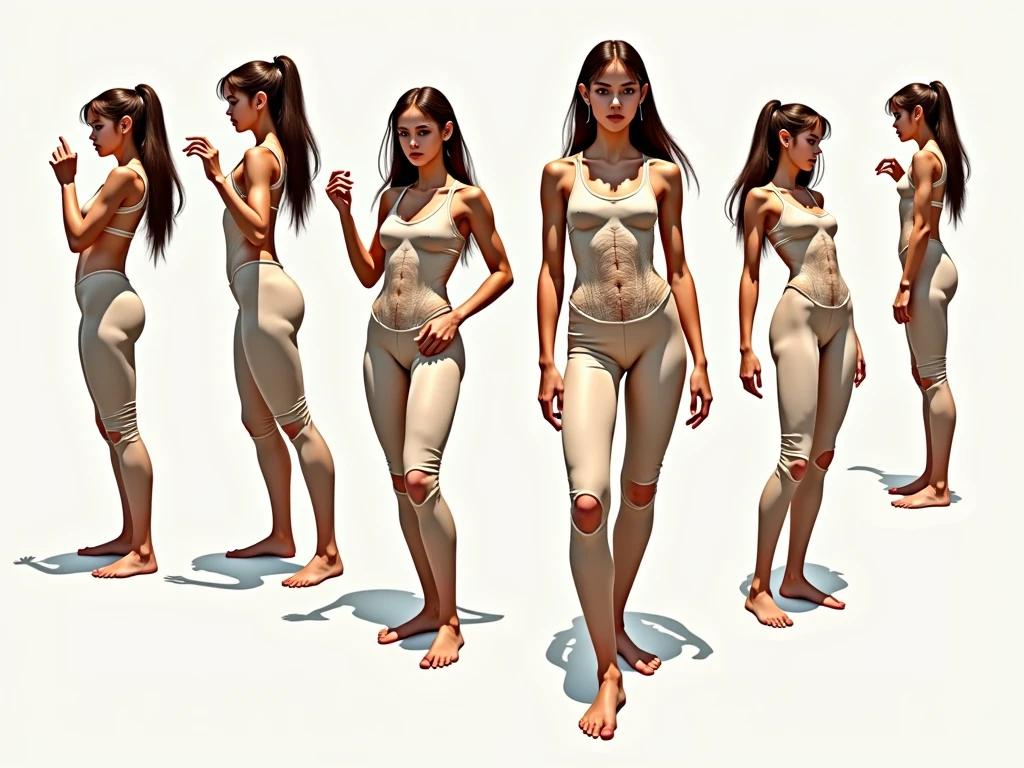 Multiple girls, Full body view, perfecto face, green eyes, beautifull female, fight pose, muscle female, Dinamic pose, full nude, (Character design sheet), white skin, small breasts (muscular)) curly hair, very short hair, black hair, design sheet