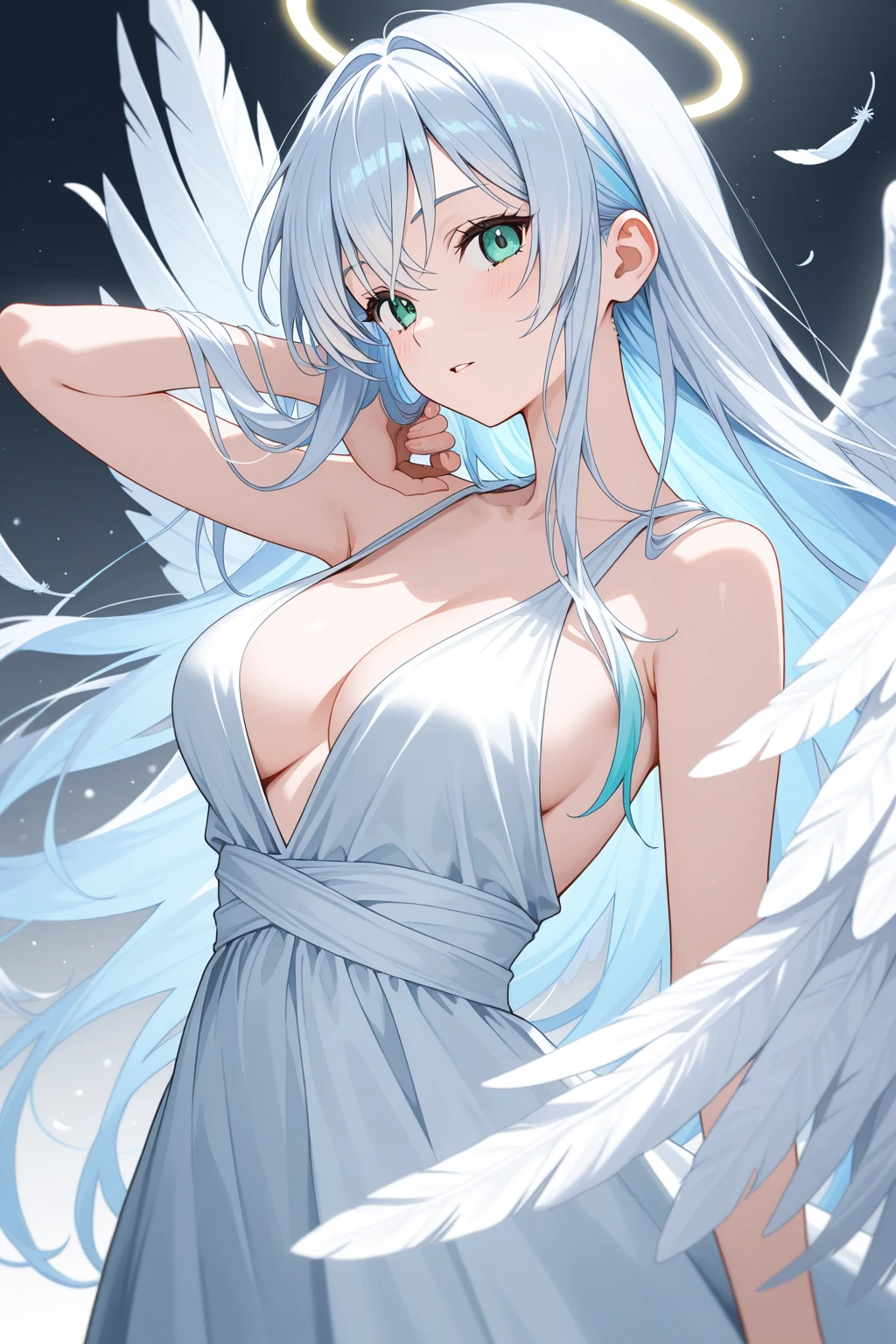anime girl with big breast standing in a medical room, (angel halo, angel wings, beautiful eyes finely detailed), seductive anime girl, smooth anime cg art, oppai, anime moe artstyle, girl in dress, [ 4 k digital art ]!!, thicc, cute anime waifu in a nice dress, (sfw) safe for work, fluffy chest, marin kitagawa fanart, attractive anime girl