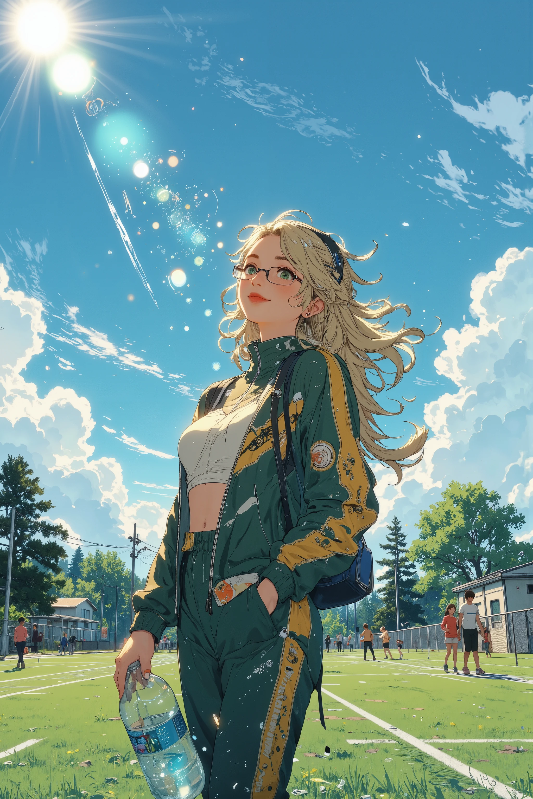 high quality anime illustration, Makoto Shinkai style, A peaceful corner of a school field under the vast, brilliant blue sky. A pretty young woman with glasses stands alone on the grass, soaking wet from both sweat and the water she just poured over herself from a half-empty plastic bottle. Her track suit clings to her skin, darkened and glistening under the sun—evidence of her effort and the summer heat. Her long blonde hair is damp and messy, plastered slightly to her cheeks and neck. She smiles with a mix of joy and exhaustion, eyes squinting toward the sun in a moment of pure relief. Behind her, no one else is in sight—just the open sky, distant trees, and the faint outlines of white chalk lines on the ground. The sunlight gleams on the water droplets across her face and clothes, casting soft sparkles. The mood is uplifting and deeply refreshing—an honest moment of effort, release, and summer triumph. anime girl, sports festival, wet tracksuit, water droplets, happy expression, solo moment, clear sky, emotional slice-of-life, ultra detailed, cinematic realism, beautiful lighting, vivid atmosphere, Makoto Shinkai inspired, high resolution
