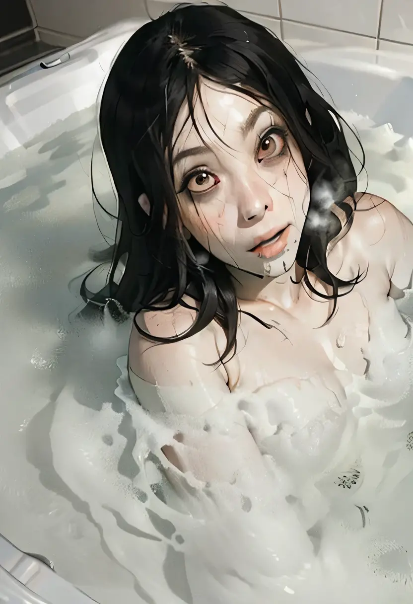 (masterpiece:1.3), (8k, Realistic, RAW Photos, highest quality: 1.4), ((1 Kayako)), Beautiful Face, (Realistic Face), (Black Hair, Long Hair:1.5), Beautiful hairstyle, ((The face is hidden by bangs:1.3)), Realistic eyes, ((White of the eyes:1.2)), Beautiful fine details, (Voluptuous body), (Realistic Skin), Beautiful Skin, ((Pale skin:1.4)), Absurd, Charm, Ultra-high resolution, Ultra-realistic, Very detailed, Golden Ratio, ((Soaking in the bath:1.2)), ((Cleavage:1.1)), ((orgasm:1,3)), (Flushed), (Shyness:1.1), (cum on face:1.3), ((Bubble bath:1.1)), (Completely naked), (A dark love hotel bathroom), (steam:1.4), ((cowboy shot)), Top-down view