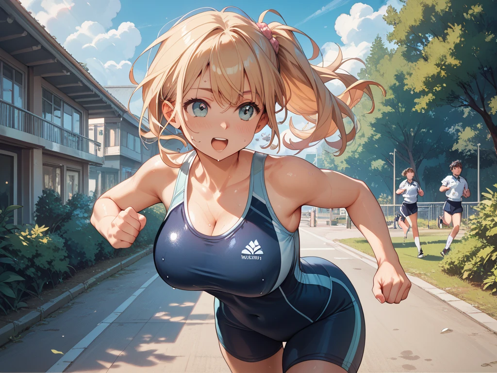 Shorts、Plain whitetshirt、running、Sweat、Riverbank、Blonde twin tails、Big Breasts、8-year-old