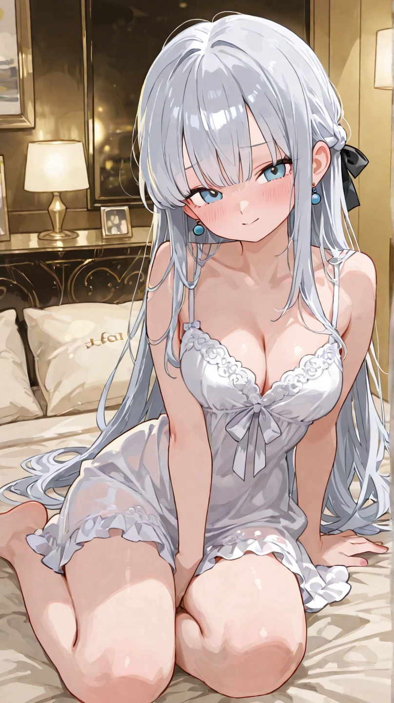 ((Masterpiece, Best quality))++, Detailed light+,  Detail hair+, detail hand+ ,1girll, woman, Long hair,   dark red eye,  Beautiful eyes, Young gray hair,,(Beautiful white hair:1.5),(Beautiful detailed eyes), ,    high resolution+,   Masterpiece,  , Glass tones, Reflective eyes,  {{Angle}} , extremelydetailedwallpaper, Original,full bodyesbian,Bedrooms,upper legs, Beth,starrysky,Issuing