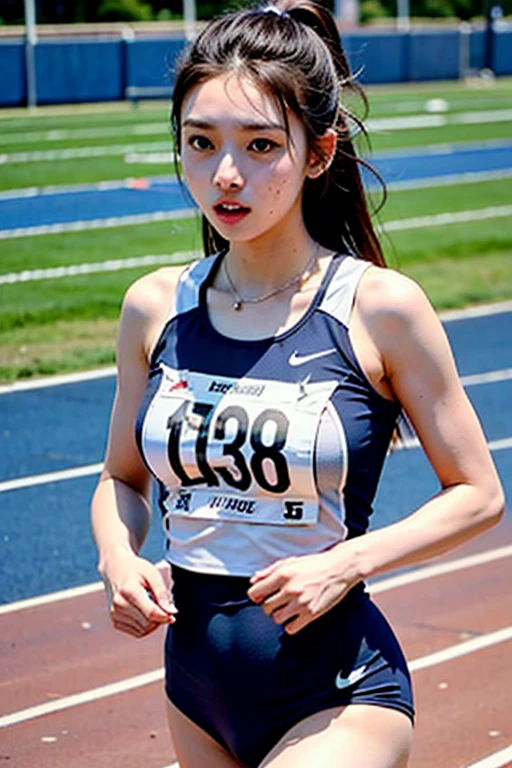 (((Sports, Short, Long, Running, Jogging, Marathon, Exercise, Athletics, Running, Running Posture, Running, Feeling of Galloping, Sweat, Sweat, Sweating Lots)))), ((Volley Uniform: 1.3, White, Red, Blue, Uniform: 1.3, Lower, Swaying, Hetero)), ((White, Red, Blue, Bloomers: 1.2, Low Rise)), (Athletics, Floating Hair NovaFrog Style, Floating Hair, Hair and Clothes That Flutter in the Wind, High School, Slender Abs: 1.2, Navel, Serious Look), (The shape of the pubic area is clearly visible)), Blushing, NSFW, 8k, RAW Photo: 1.2, (Best Quality: 1.4, Masterpiece: 1.4), Super Detail, Best Illustration, Ultra High Resolution, Portrait, Film Grain, 1girl, POV, Depth of Field, Photorealistic: 1.4, detailed hair, realistic hair, realistic lighting, realistic shadows, realistic clothing, realistic skin, natural skin texture, portrait: 0.6, light particles, lens flare, glowing particles: 0.6, bokeh: 1.2, clean: 1.8, professional lighting, photon mapping, radiosity, physically based rendering, incredibly absurd, Glossy skin, pale skin: 1.2, PureErosFace_v1: 0.7, fair skin: 1.1, round face: 1.5, mouth open, puffy eyes, purple eyes, double eyelids, egyosar: 1, floating hair, makeup, Japan girl, lovely thighs, shining thighs, shining legs