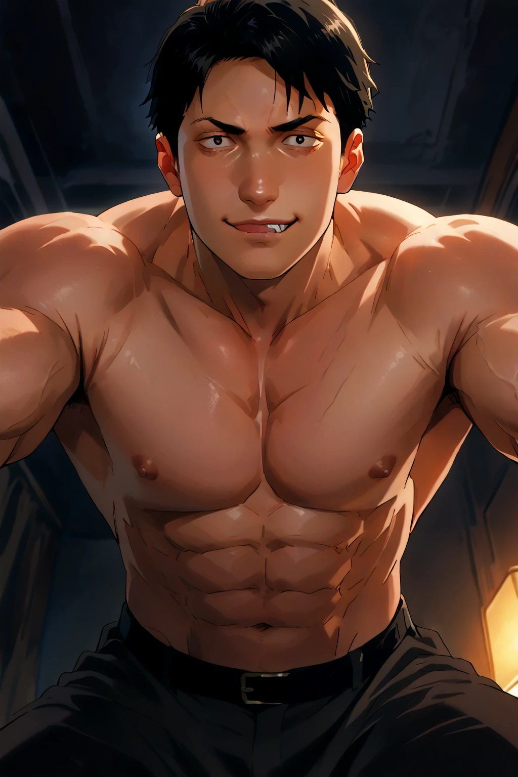 (masterpiece best quality 8k ultra-detailed:1.5) ultra realistic, solo standing male, muscular handsome (((perfect face,perfect eyes))) (topless) (short hair), anime style, illustration, (''underwear, big bulge''), realistic shade, sharp, detailed beautiful face and eyes, perfect beautiful body, perfect hands, (dynamic pose), shiny skin