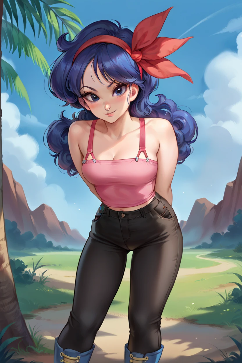 best quality, (masterpiece),(ultra-detailed), (high quality), (high resolution), ((2heads:1.5)), best quality:1.5, highres, UHD, 16K), ((two headed woman)), smiling, highres, masterpiece, ((vibrant red hair:1.5)), ((vibrant blue hair:1.5)), ((different hair colors)), , ((yellow crop top:1.5)), lustrous and smooth skin,  silhouette, rpg fantasy dress,  proportions, Beautiful girl with accentuated slender abs, ((full body)), long legs, ((village background:1.5)), (( midriff)), body con dress, strapless, sleeveless, yellow eyes, ((long hair)), ((sandals))