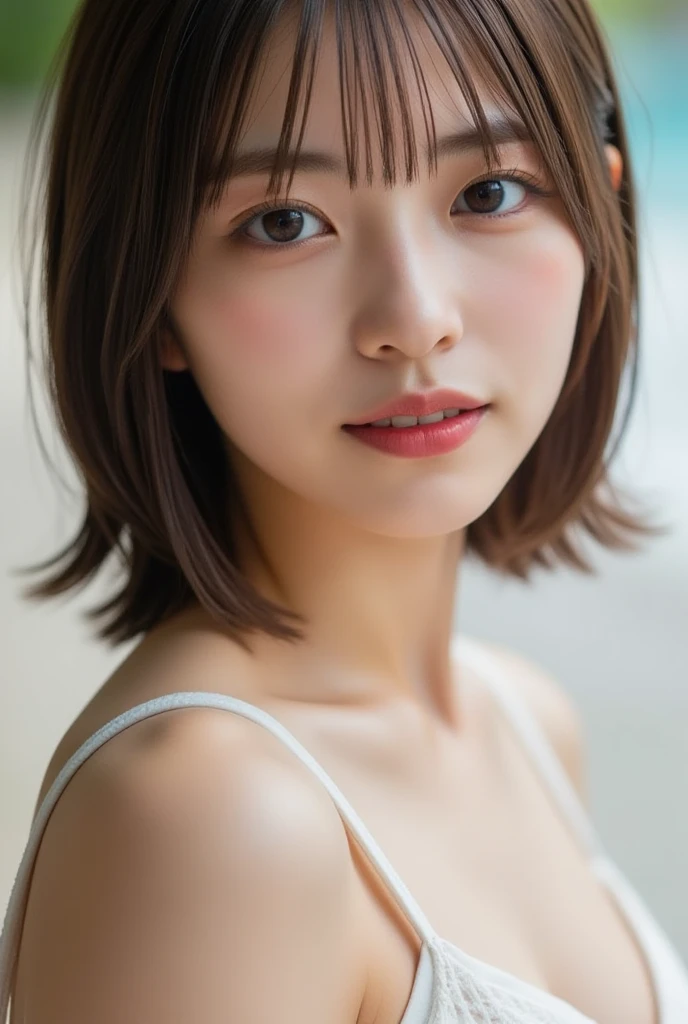 Japanese women、18-year-old, very cute, beautiful, (embarrassed:1.3), blush、highest quality、Detailed workmanship、high resolution、(8K, High resolution), photorealistic、masterpiece、High definition face、Face is in focus, Moist eyes、(Focused, symmetrical pupils:1.2)、High-definition and beautiful skin、Firm Skin、Natural Makeup、gross lip, High-definition hair texture, (looking at viewer:1.2), (short hair, messy hair:1.3), (multiple angles:1.2), (small breast, cleavage)