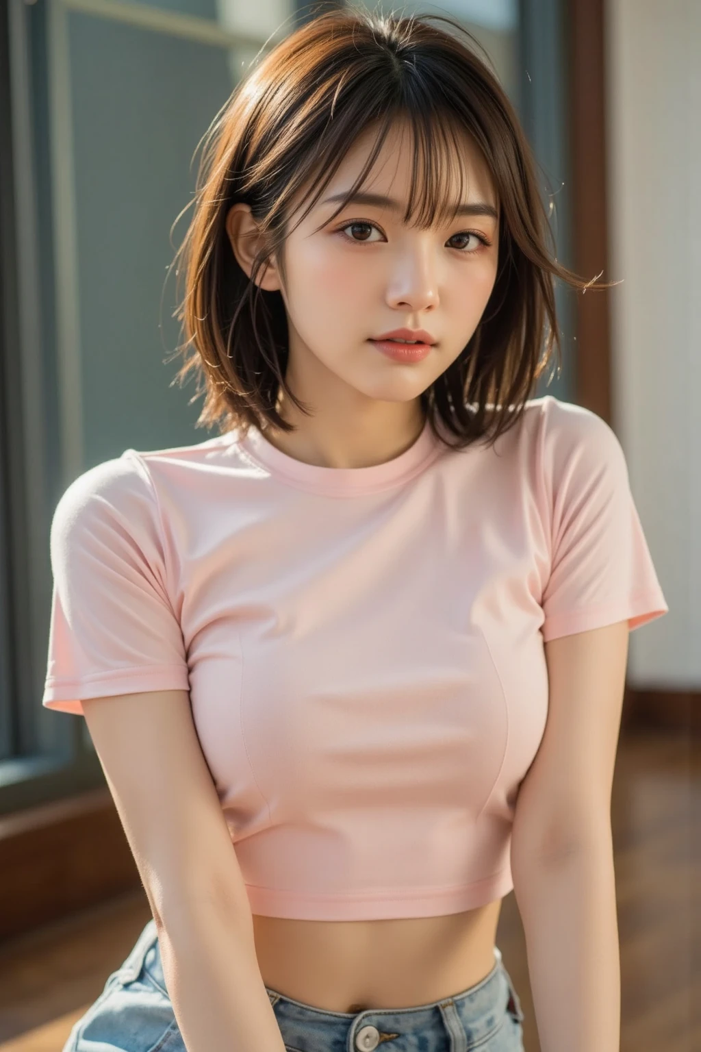 A 14 year old beautiful and slim girl, short hair, tomboy hairstyle, wearing tight pink tshirt, breasts can be seen,belly is uncovered,short tight pink tshirt.