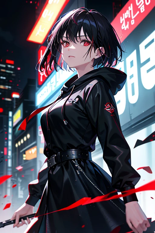 ((1 GIRL)) ((2d anime girl)), ((Japanese)) 18-year-old, ((2d anime girl)), ((dark-haired)), ((windswept hair)) ((ultra high quality)) ((4k UHD)) ((Best Quality)) ((Daytime)) ((yellow glowing eyes)), wearing a black hoodie sweatshirt with the slogan (("Lady Kaiju")) in black letters and (((blood splattered))) on it and her face, standing in the street of a ((ruined city)) filled with dilapidated ((sky scrapers)) and crushed vehicles and small fires all around and an ((angry)) ((Intimidating)) expression, standing on a giant monstrous footprint in the ground.