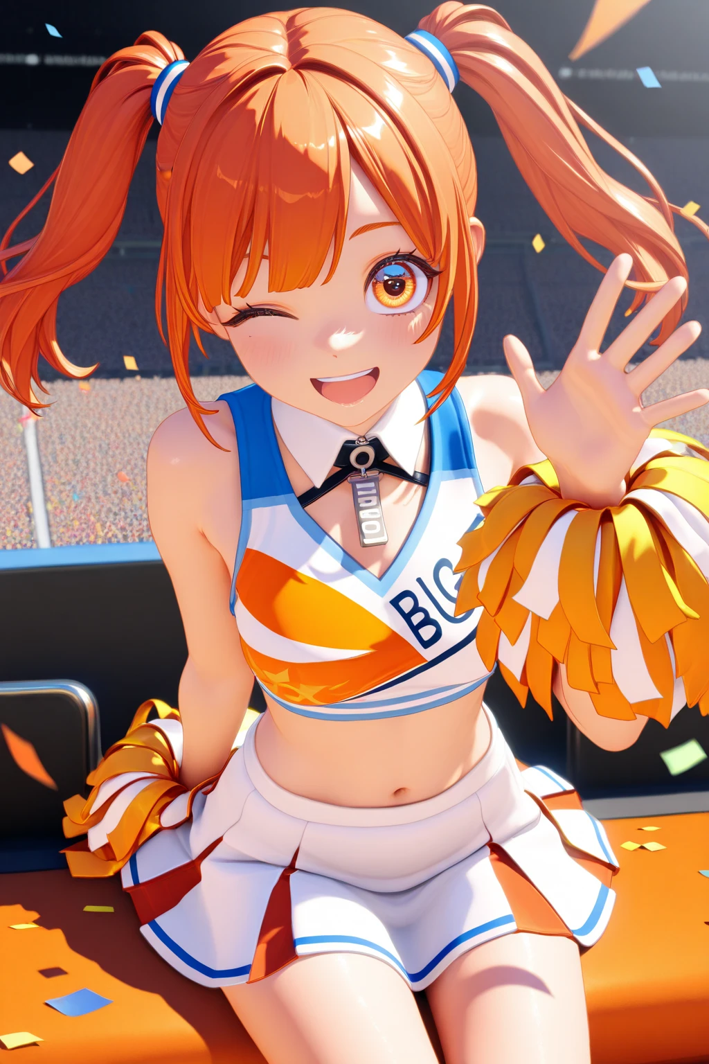 highest quality、complete limbs、A beautiful woman in her 20s、Beautiful older sister、cheerleader、(orange hair woman:1.3)、short hair woman、beautiful big breasted woman、big smile、(オレンジ色と黒色のcheerleaderコスチュームを着た女性:1.3)、A woman wearing a super miniskirt、orange pants、dancing、baseball Ground、ground、raising one leg high