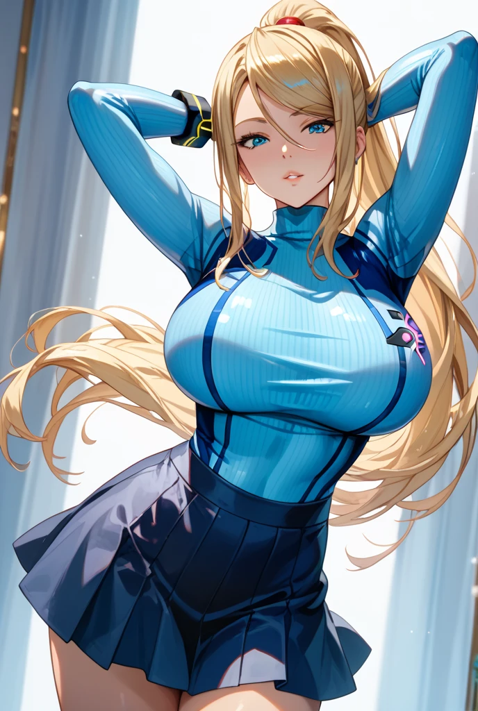 ((masutepiece)), ((High quality)), ((super detailed)), ((High resolution)) ,((8K)), Beautuful Women, Mature Woman, ((She is one of the most famous actresses in Japan.)), Beauty, ((hyperdetailed face)), ((Huge breasts)), ((Huge ass)), Deep cleavage, Slim waist, Chest out, hyperdetailed face, Perfect Skin, Shiny skin, (((waist-length hair, long straight golden hair, crossed bangs))), Blue eyes, Whole body image, An inviting smile, (((Anime))), ((Glamorous)), Sensual milf,((25 years old,stature: 170cm)), ((((No head accessories)))), ((Incredibly beautiful woman)), (((H Cup Bust:1.5)), ((Neat and clean.)) , (Camel toe), (Nipple), (((power ranger))), heroine, (((High Leg Writing Power Suit, Blue power suit with white lines))), Beautiful legs, 8 life-size, Anime:1.4, Wet, Functional