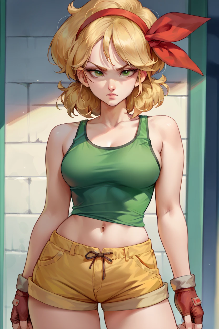 blonde girl, green top-tank, bare shoulders, blue pants, spiky bangs, spiky ponnytail, evil, necklace, bangs, green eyes, 3d
