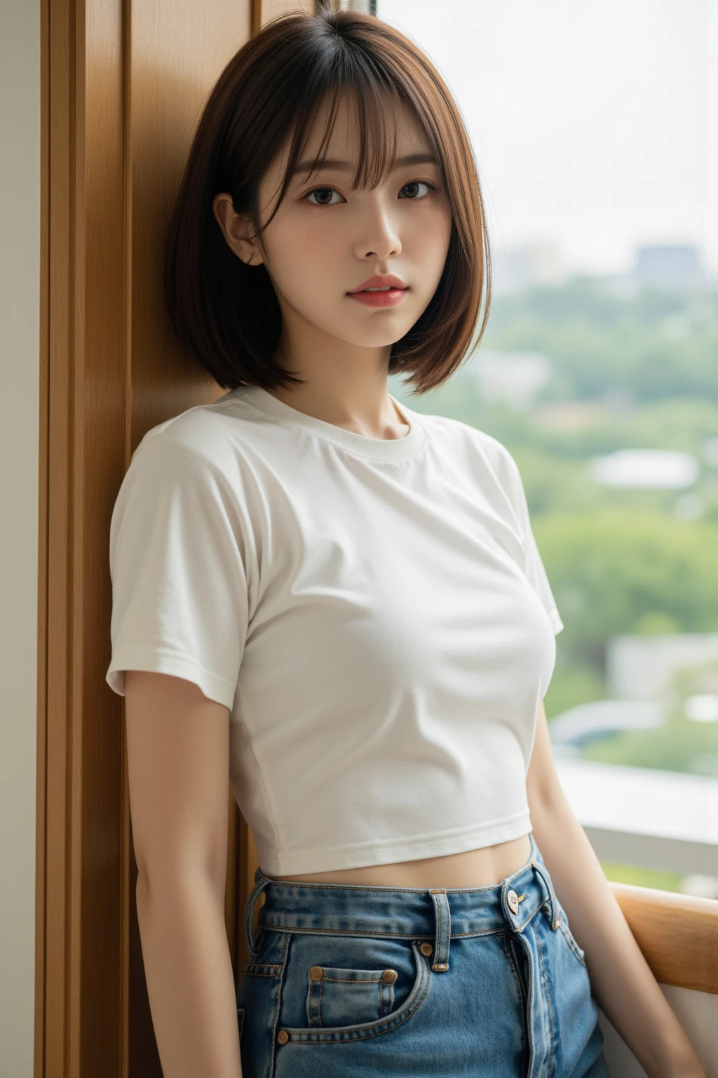 top-quality,.masterpiece,Raw photography,8K,Top image quality,Top resolution,Beautiful face in every detail,Very detailed,Gentle expression,One lady,realisitic,photo realisitic,Bery short hair,Beautuful Women,cute Japanese girls,mannish,Pretty Woman,Her eyes are big,20-year-old beauty,her face is small,small head,long neck,pale skin,With bangs,eight heads tall,Sweat , wet,face focus , from behind , looking back , skinny body ,t-shirts , ((shirt lift,jeans ,low rise pants)) ,back focus ,put one's hand inside her jeans,