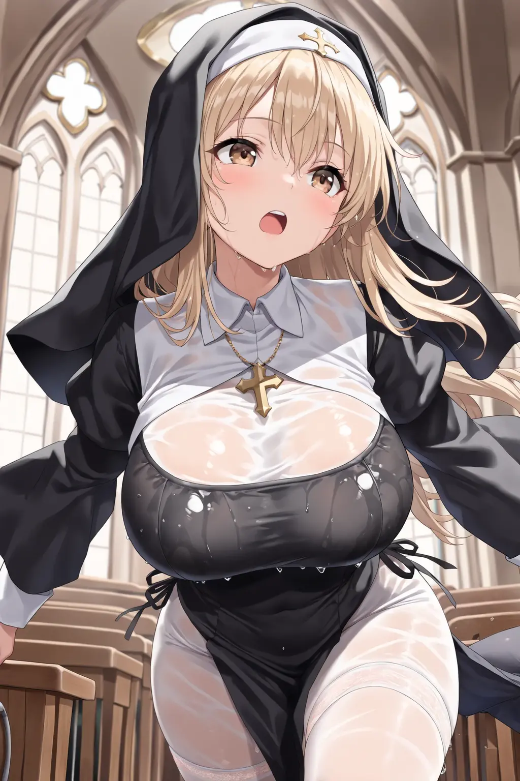 masterpiece, Highest quality, Official Art, Highly detailed CG Unity 8k wallpaper, Detailed Background, (Handcrafted by Guido Daniele), (Finger details), Mature Woman1, (Curvy), (Nuns),  (standing in church), (Nuns gown:1.12), (Chest curtain:1.4), (Nuns skirt:1.11), (White Garter Straps Garter Belt:1.12), (Blonde long hair:1.12), (Hair intake:1.12), (Green Eyes:1.2), blush, (Loving smile, holy smile), ((Huge breasts:2.0、Sagging breasts:1.5、Long Breasts:1.3、sagging breast:1.5)), Tight waist, Shiny skin, (Cross Necklace), indoor, (Sacred Scene), (church:1.11), (Sunlight streaming through stained glass),Mature Woman、((sit、足を広げてsit))、Monastic Clothes、White panties、Photographed from diagonally in front、Confessional Pose、Clasp your hands in front of your chest、Close-up photo of the chest、naughty face、heavy breathing、Provocative smile、Sticking out tongue、on back、lying 、thigh focus、drunken eyes、vagina、open vagina 、spread her vagina、spread legs、Take off、excessive cum、creampie、pussy cum,pink_pubic_tattoo、Cross-section of the uterus、Cross section of the uterus