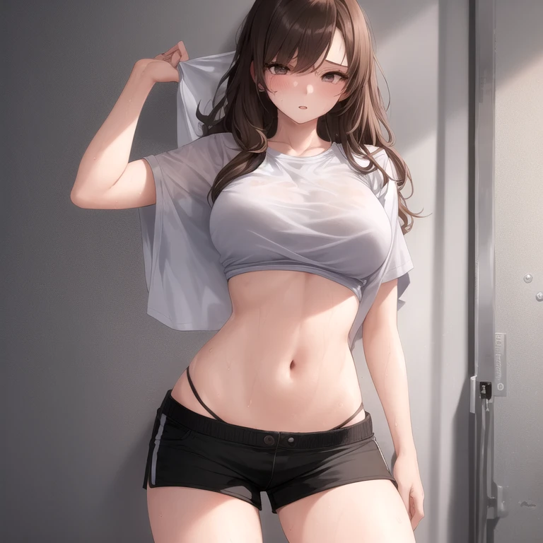 brunette color hair, Embarrassed, surrealism, surrealism, Chiaroscuro, 8K, Super detail, hyper HD, hyper HD, hyper HD, hyper HD, Masterpiece, ccurate, Textured skin, Super detail, High details, High quality, Best quality, A high resolution, 16k,female high-school student,white short sleeve,Short white dress,white panties,Look up,Pure,adolable,Thin leg,Big breasts Thin waist,smallunderboob,white skinned,