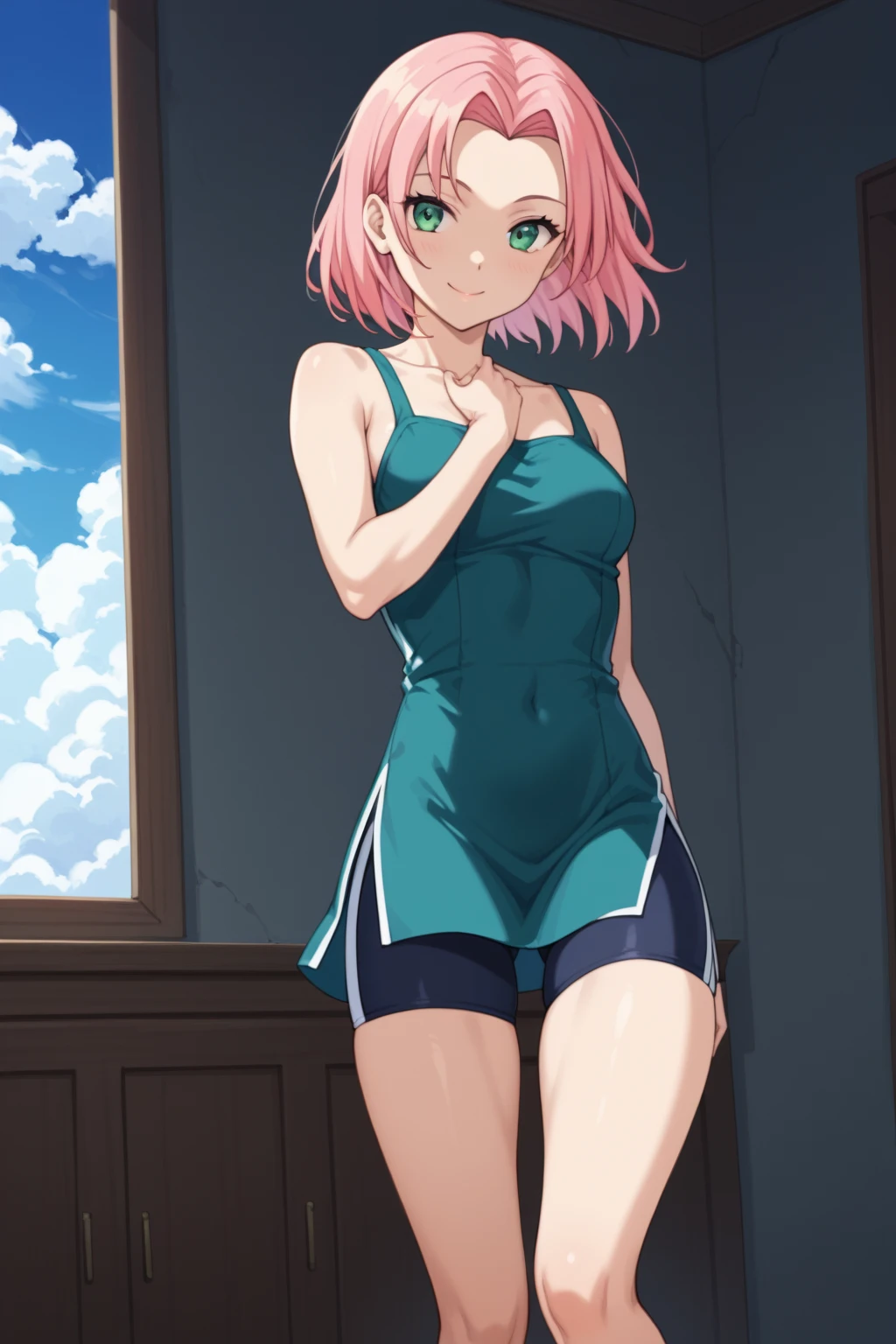 A young girl with pink hair and blue eyes wears a tight school swimsuit. 