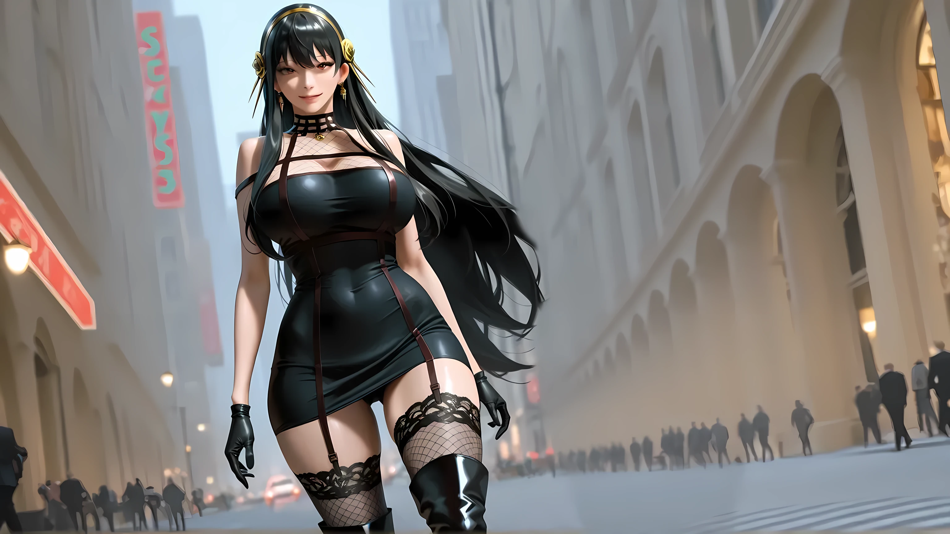 (masterpiece, highest quality, ultra high res, ultra detailed:1.3), 1 cute girl, ideal ratio body proportions, big breast, slender, full body, red long hair, low ponytail, (bangs covered both eyes completely, hair over both eyes:1.4), white tight leather mini skirt, purple turtleneck shirt, (cleavage cutout:1.3), BREAK, white leather jacket, open jacket, white leather boots, standing,