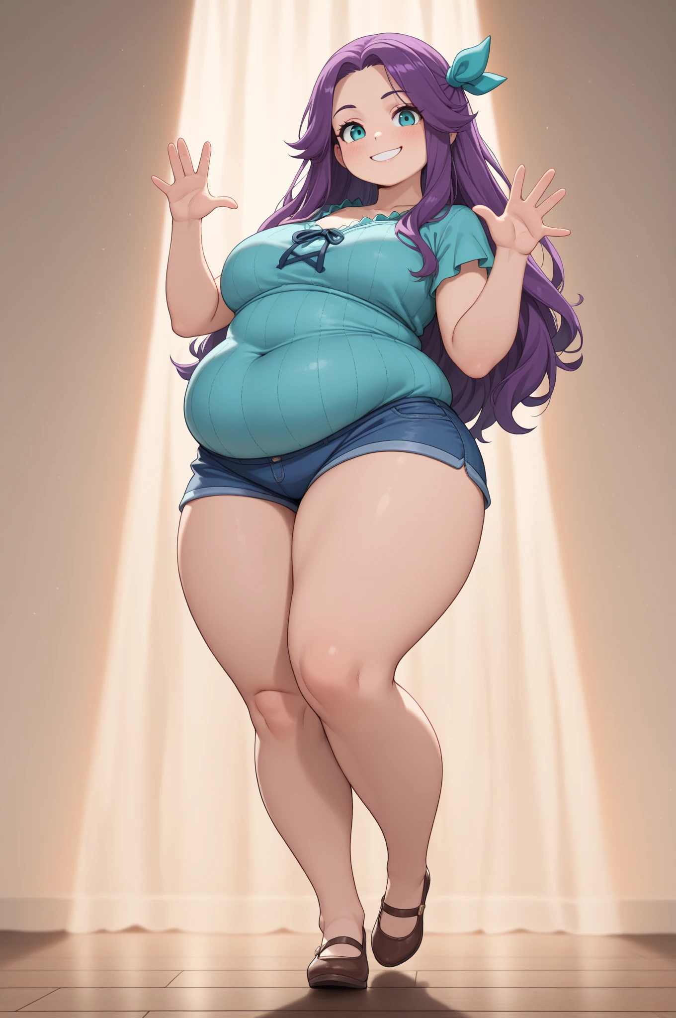 raiden shogun sexy ass displayed in a purple bikini, smiling while smiling, huge belly, massive belly, enormous belly, gigantic belly, morbidly big belly, biggest belly enormous belly gigantic belly morbidly big, huge belly, massive belly, enormous belly, insanely fat belly