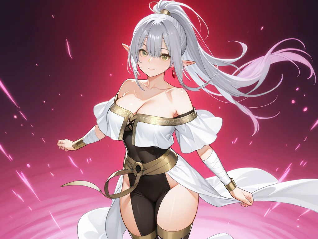 (tanned elf girl:1.2), (white_hair red_eyes) (battle dress leotard), (collar) (belts), (huge tits:1.2), (rapier:1.2)