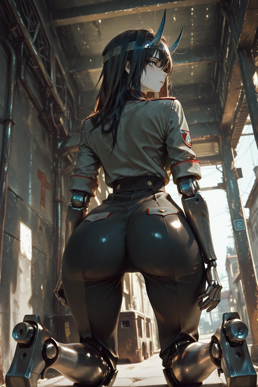 (Ultra flat, Flat Shading), Honors Type, Really blushing, 17years old, high school girl, Wearing a checkered pleated mini skirt, Short cut Colorful Gradation hair,(Glasses),Sweaty healthy body, ((cyber punk))(SF body suit,Futuristic and sci-fi headphones,high heel long boots)Gun holder on the thigh,mechanical headphone,shed tears,ornament,weapon human,She has a futuristic sci-fi big rifle in her hand,Mesgaquismiles, ((very very big butt))((Panties are visible))((lace lingerie,Shiny satin golden panties))((full back panties:1.2))(from behind)(ass focus)((from below)), Ultra-realistic, early morning, Breeze Skirt Lift, (Spread your legs:1.0),(You can see her pubic hair sticking out of her panties)
Blake
Captured in mid-stride, a lone figure emerges from the smoldering ruins: a young female cyborg with piercing blue eyes and striking white hair, clad in a futuristic black and red battle suit. ((Very very big breasts, J cup bra))(Wide Hips:1.1)The desolate alien battlefield stretches behind her, littered with twisted metal and shattered debris. Her gaze is fixed ahead, eyes blazing with determination as she surveys the devastation,