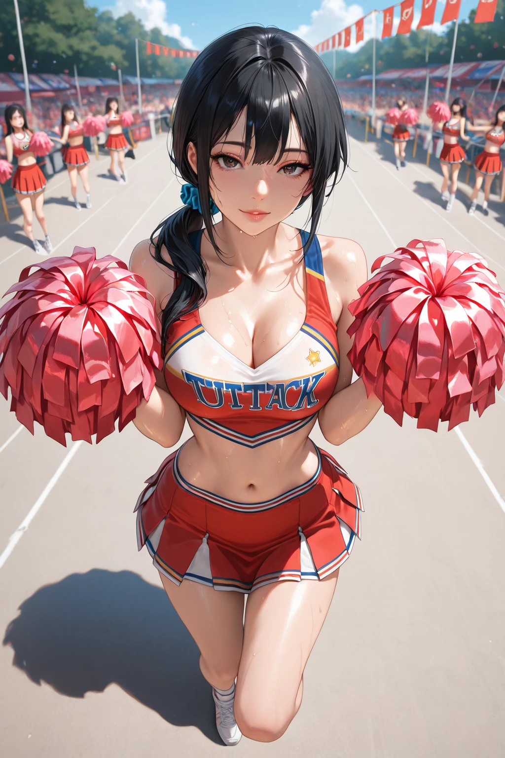 Pretty north chinese girl who’s captain of the cheerleading team, detailed face and eyes, looking at viewer, masterpiece, best quality, shallow depth of field, 8K HDR, huge breasts, 85mm photo, shallow depth of field, tack sharp, (1girl:1.9), 18 years old, black hair, blue eye, tanned skin, short bowl cut, 6’2” height, (wearing two piece cheerleading outfit:1.7), (very large perky breast:1.6), showing abs, chiselled abs, (chiselled 8-pack abs:2.1), abs of steel, shredded abdominal muscle, cut lower obliques, washboard abs, muscular ass, (gymnast physique:2.0), (large muscular legs:1.3), gorgeous, standing in school corridor, wearing make up, (beautiful feminine face:1.8)