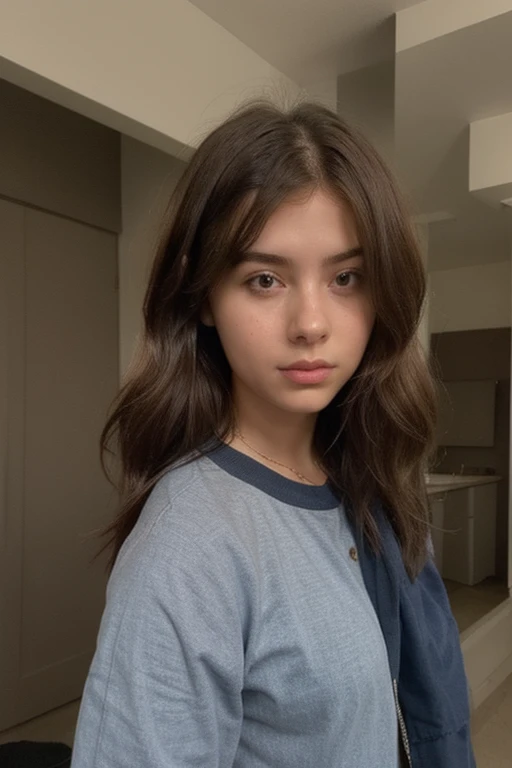 a beautiful 14 year old Russian teenage Ukrainian girl with blue eyes , taking a selfie with face of young girl with perfect body big eyes , wide fleshy lips thin upturned nose, with a fine face like a barbie , normal somewhat large voluminous breasts ,very long and very straight black hair, wearing dark jeans and a big button shirt , 14 years old, very tender face , Teenage girl with blue eyes posing very sexy wearing a gray t-shirt and casual night clothes in the bathroom ,straight hair. a very attractive teenage girl  , posing from Ukraine beautiful girl 14 year old girl cute beautiful masterpiece black clothes masterpiece
