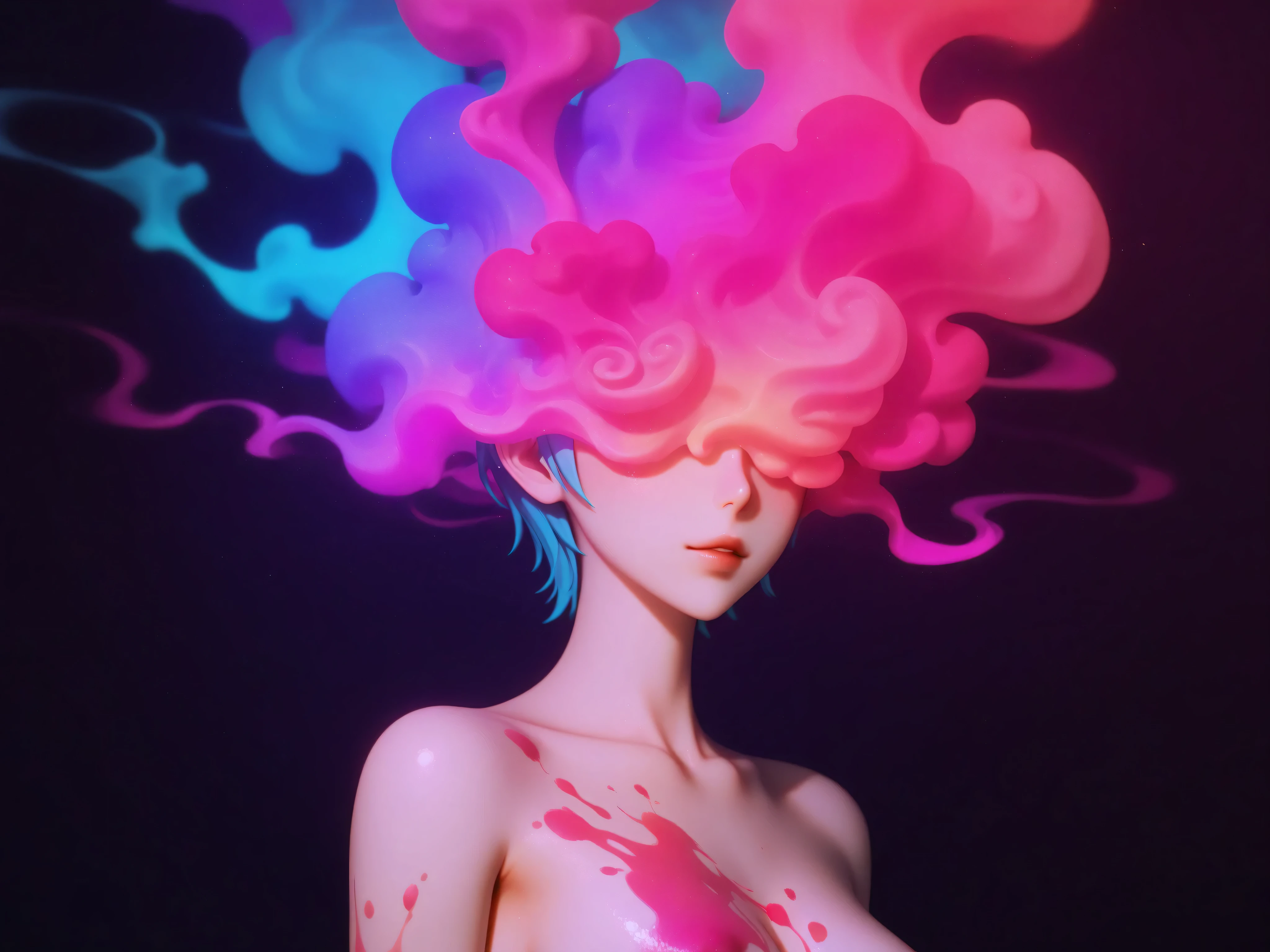 Colorful smoke coming from a slim woman's chest