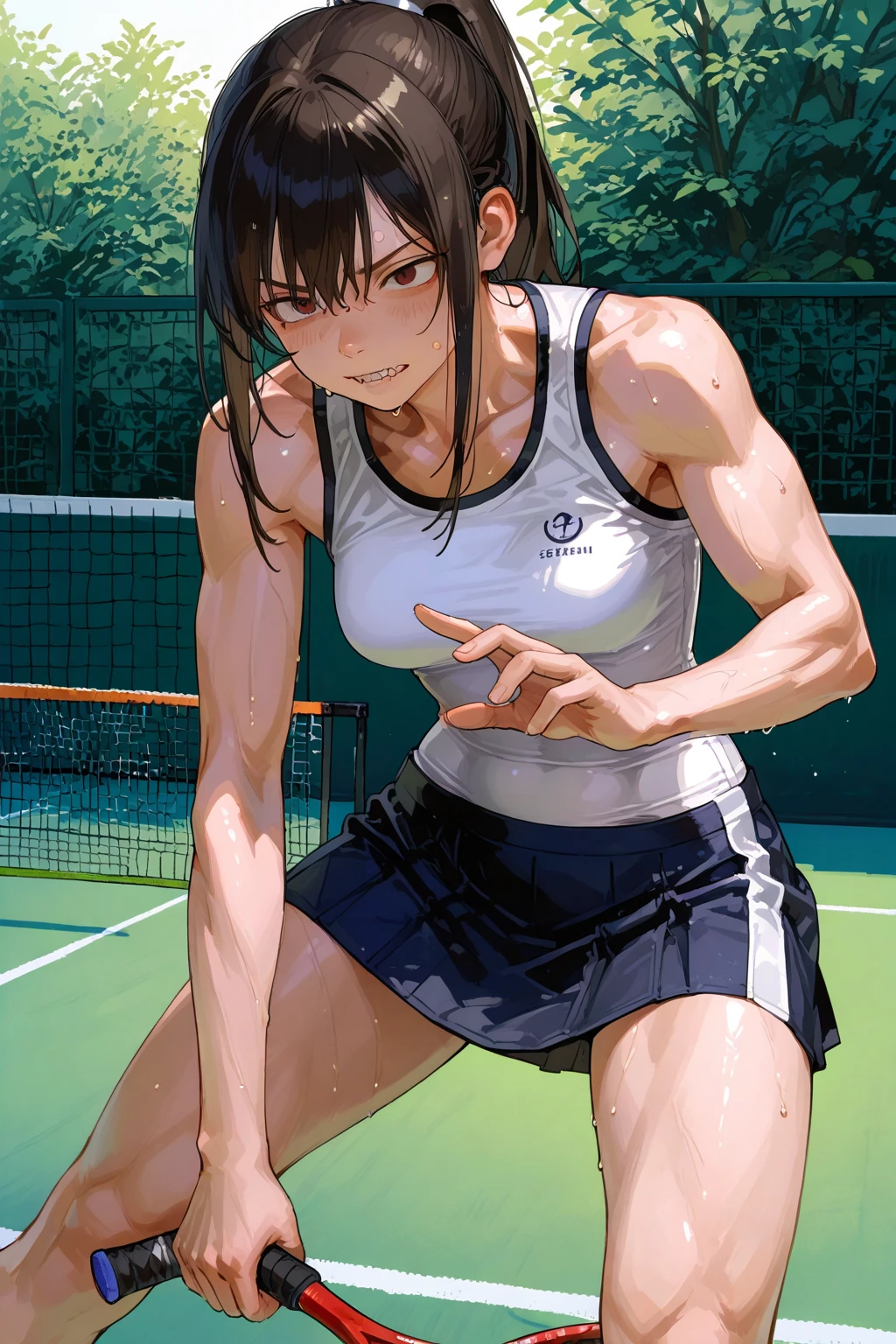 A fifty-year-old tennis player wearing white clothes holding a tennis racket, Inspired by Ion Andreescu, Tennis Wear, sporty physique, Playing tennis, sporty, a girl Playing tennis, attractive sporty physique, Healthy girl, Victoria Gavrilenko, White skirt and bare chest, Tight clothing, Exposed thighs!!!, Goddess Shot, Anna Nikonova、Also known as New Milky