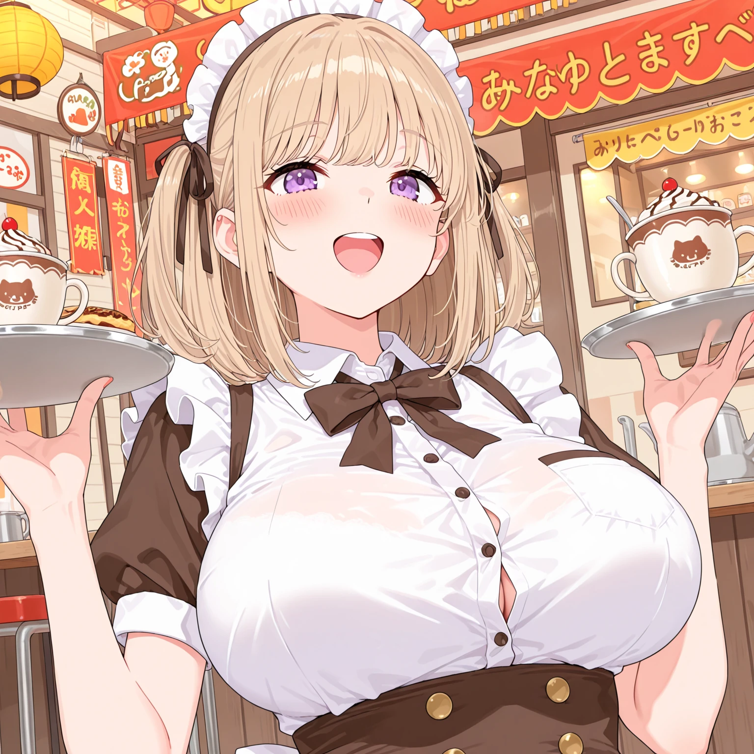 Ultra HD、Ultra high definition、Noise Reduction、perfection、Image quality adjustment、balance、Camel Toe、Giant tit、Nipple Puffs、Cleavage、Plump、Super big breasts、Super big butt、girl、(Holding the tray、Put your chest on the tray:1.5)、、((Ahegao:1.3))