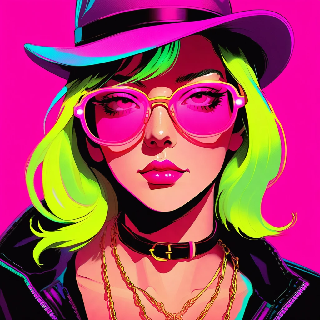 (1girll)wearing a choker,with tattoos, sunglasses, Black leather jacket,Psychedelic punk artist,Vivid colors, rim-light, trending on artstationh, Yayoi Kusama's pop art style, iintricate, High detail