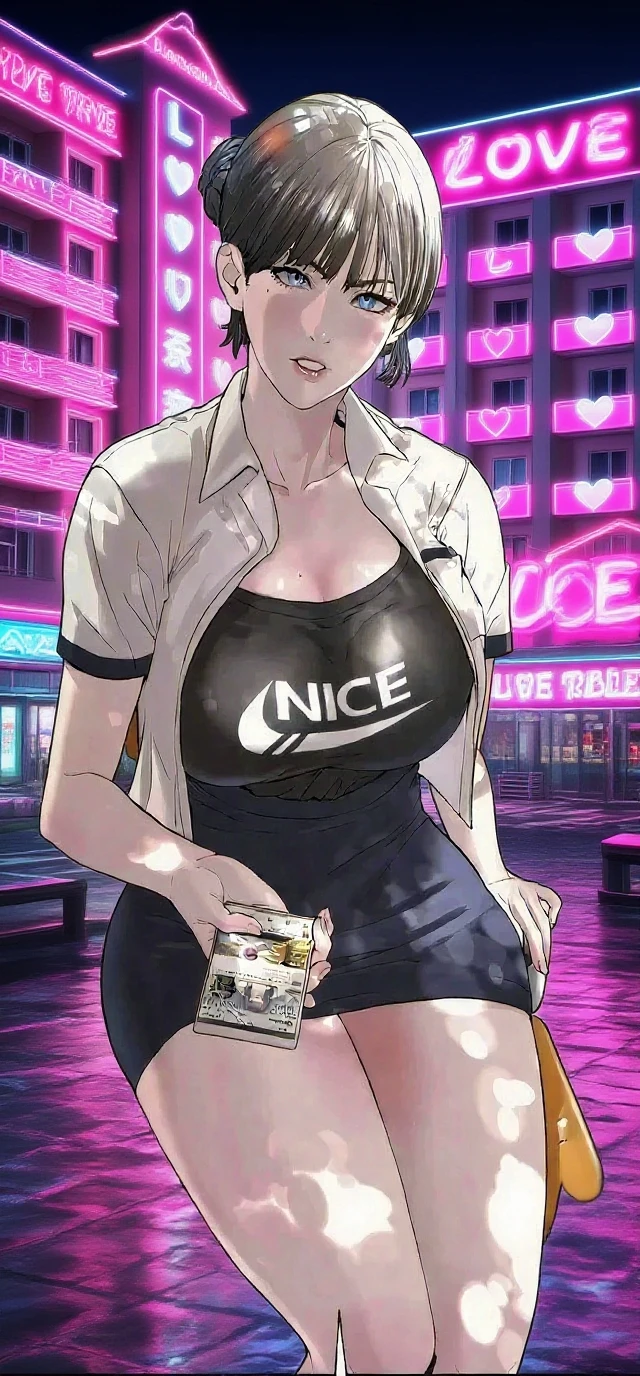 Girl with short black hair, bangs, Blue inner hair:1.25) , Purple eyes, avert your eyes, Blushing, Embarrassing, indoor, market, cash register, Oversized off-the-shoulder T-shirt, wet, Center of chest, Nighttime atmosphere, (((Big cleavage))), Upper Body, concentrated, Blurred Background, convenience store customer, A girl places condoms and lotions on the cash register to pay、Flashy makeup, (garu fashion:1.2)