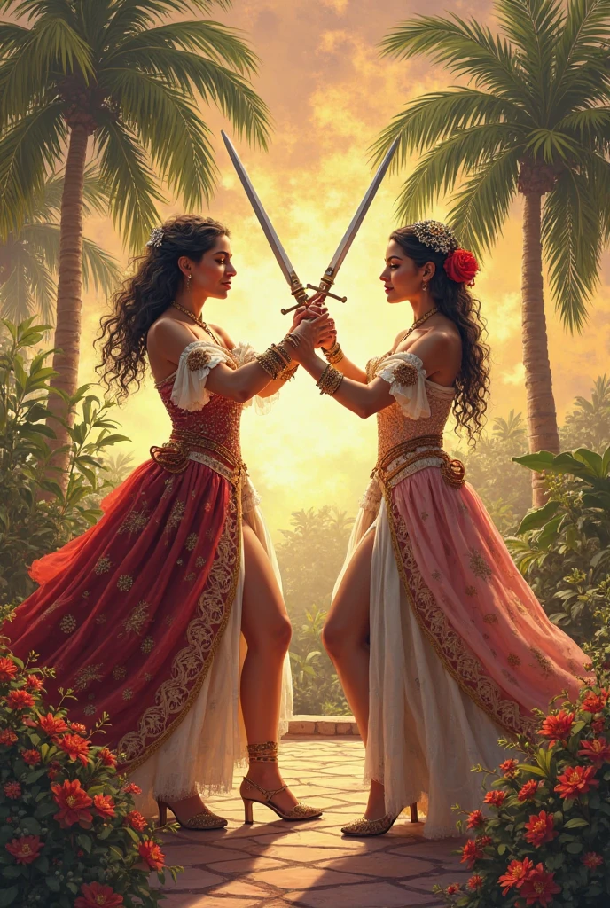 Pale white skinned North Indian slave woman with dark skinned child, and dark skinned south indian slave woman with pale white skinned child, gupta era, both have a similar build, both are sitting beside a lake, threaten eachother with a knive to their throat  while their children are in the distance play in the lake 