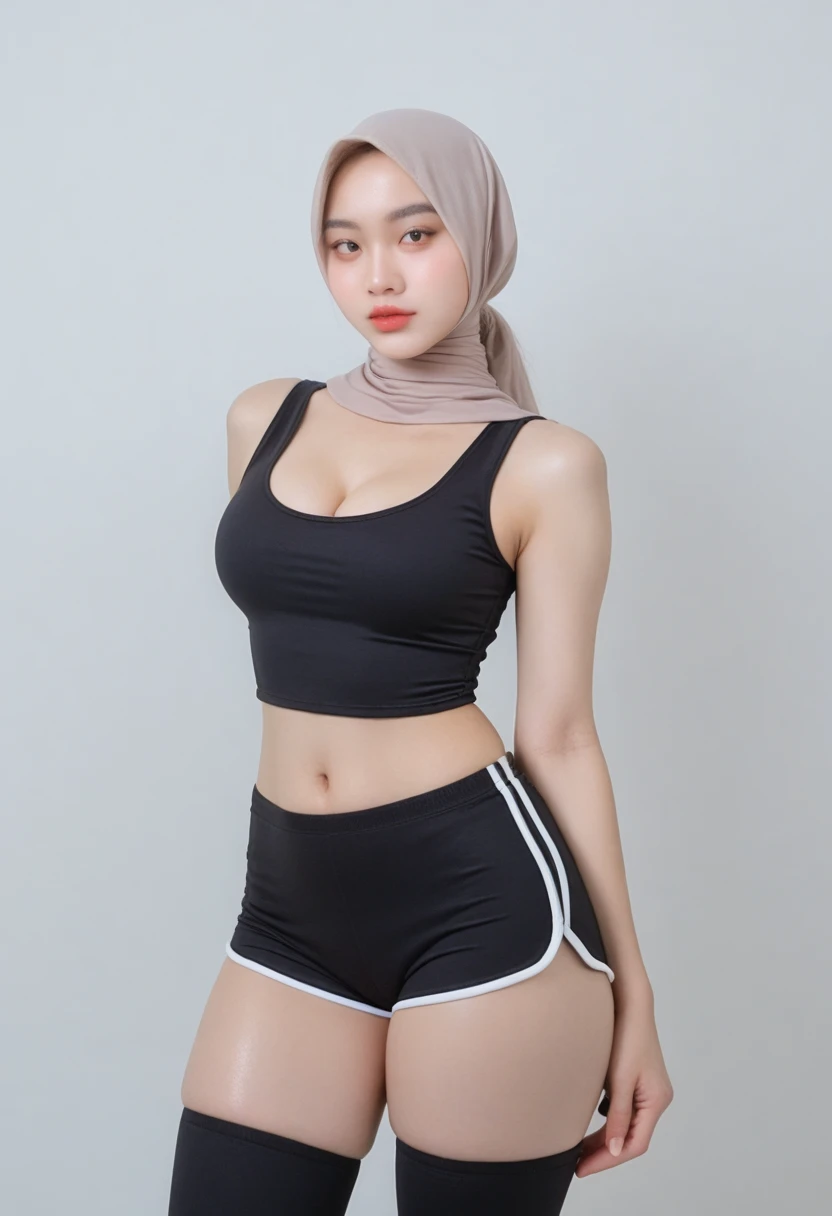 Beautiful korean woman wearing a hijab and sports bra with short skirt