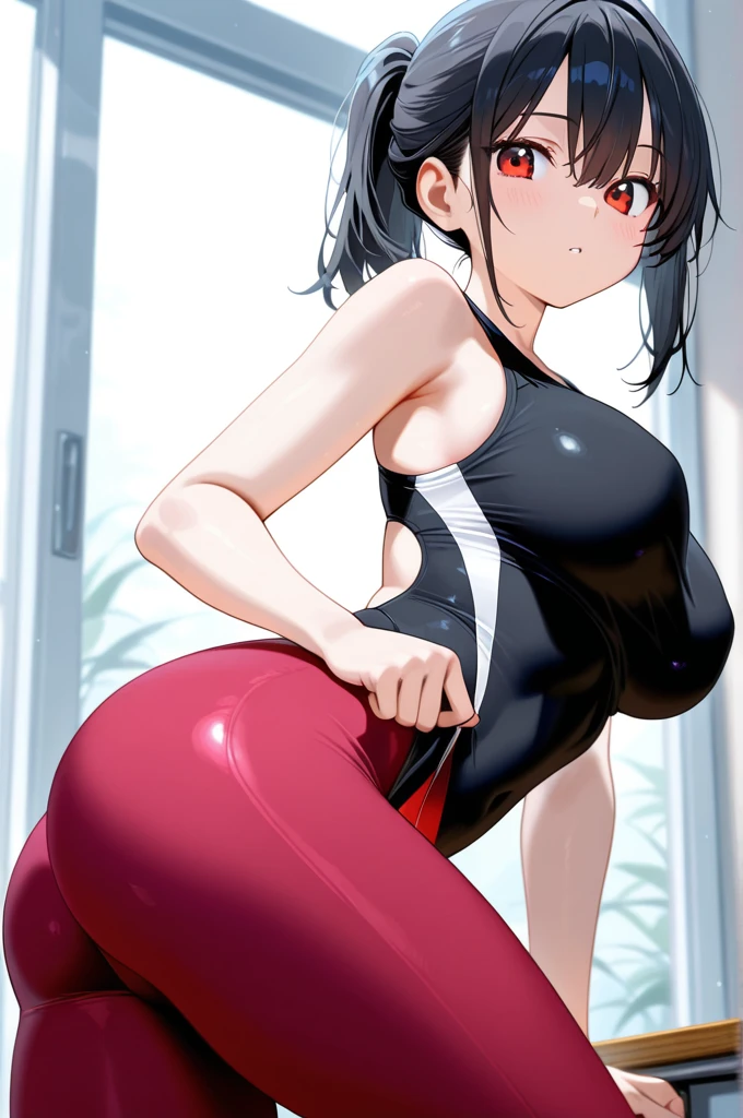 High Ponytail,Dark blue long hair,Wearing a pair of colored sunglasses,Wearing pink tights,Big breasts,Big butt,Pink buttocks,Kneel down,Lift your butt,Good shape,Thin waist