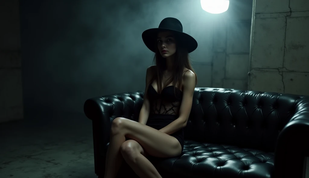 21 year old young woman with dark brown hair, (beautiful woman),[film noir], [full-body shot], [black and white photo], [vintage], [fedora hat],[chiaroscuro lighting], [thriller], (beautiful perfect face),[detailed],[perfect human ???????],[professional photography],[posing],[cinematic],[40s],[very old elegant clothes]