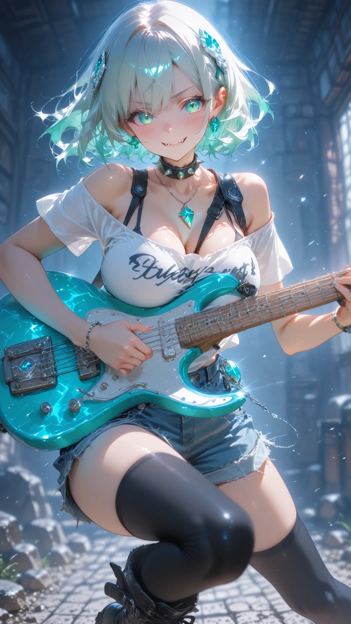 (((Only 1 woman))), ((lower camera shot, side shot)), masterpiece, 8k, high quality, ultra detailed, anime style, CG Unity, beautiful anime woman, ((30 years old, rockstar, bass_guitar player)), (((pale skin: 1.3))), wearing sexy (((leather outfit, miniskirt))), (((cleavage: 1.3))), (((blue hair))), blue eyes, ((perfect body)), (((breasts:1, waist:1.1, hips:0.9, toned legs:1))), looking directly to camera, sexy gaze, sexy smile, ((lucious lips)), (((playing bass guitar, sexy pose))), it is an (((artificial lighted scene))) in a rock stage club
