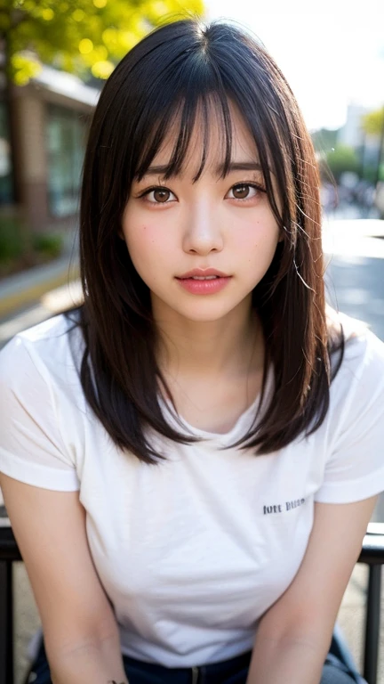 Highest quality, masterpiece, Ultra-high resolution, (Realistic:1.3), RAW Photos, (One Girl), (Upper Body), (18-year-old), (smile:0.9), (Shiny skin), (Medium Hair, Dark brown hair), (White T-shirt), (Casual shorts), (Ultra detailed face), (Highly detailed eyes), (Highly detailed nose), (Highly detailed mouth), (Very skilled hands), (Super-detailed body), Sony a7, 85mm lens, f9.0
